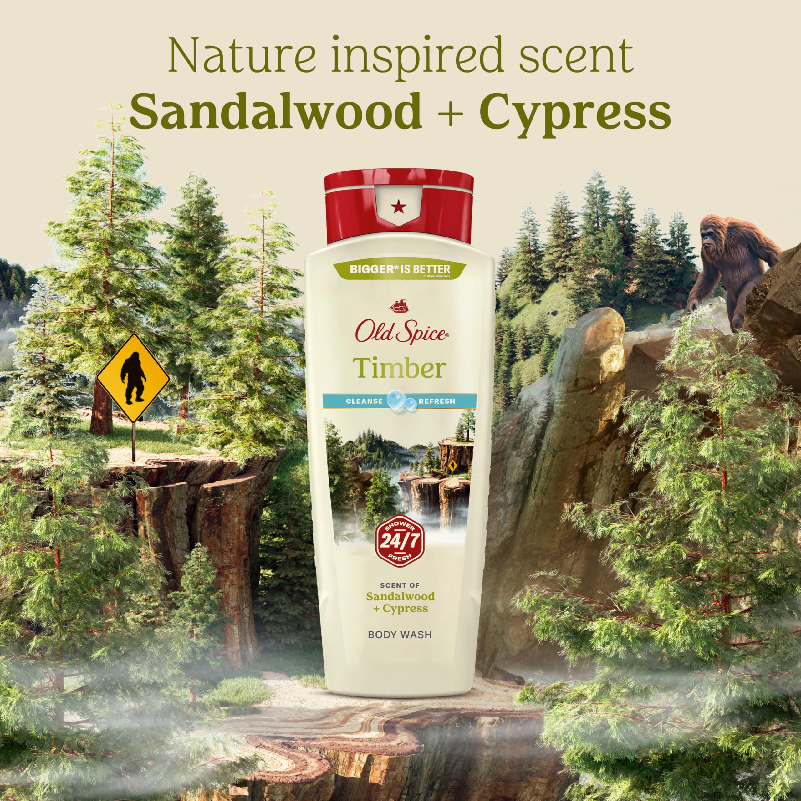 Old Spice Timber Sandalwood body wash in 18 oz bottles, pack of 4, showing the liquid and bottle design.