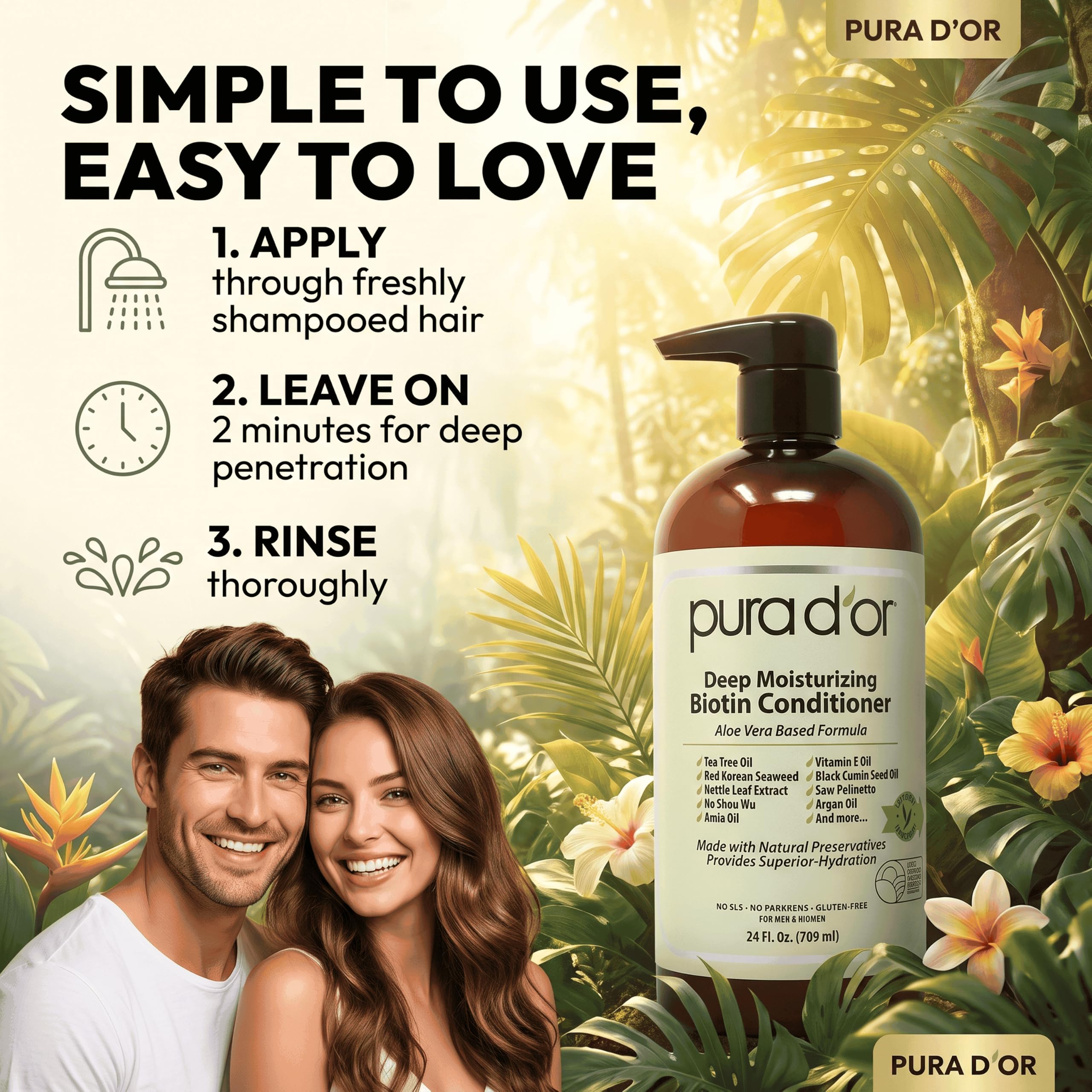 PURA D'OR Deep Moisturizing Biotin Conditioner 24oz bottle, conditioner for nourishing and strengthening hair.