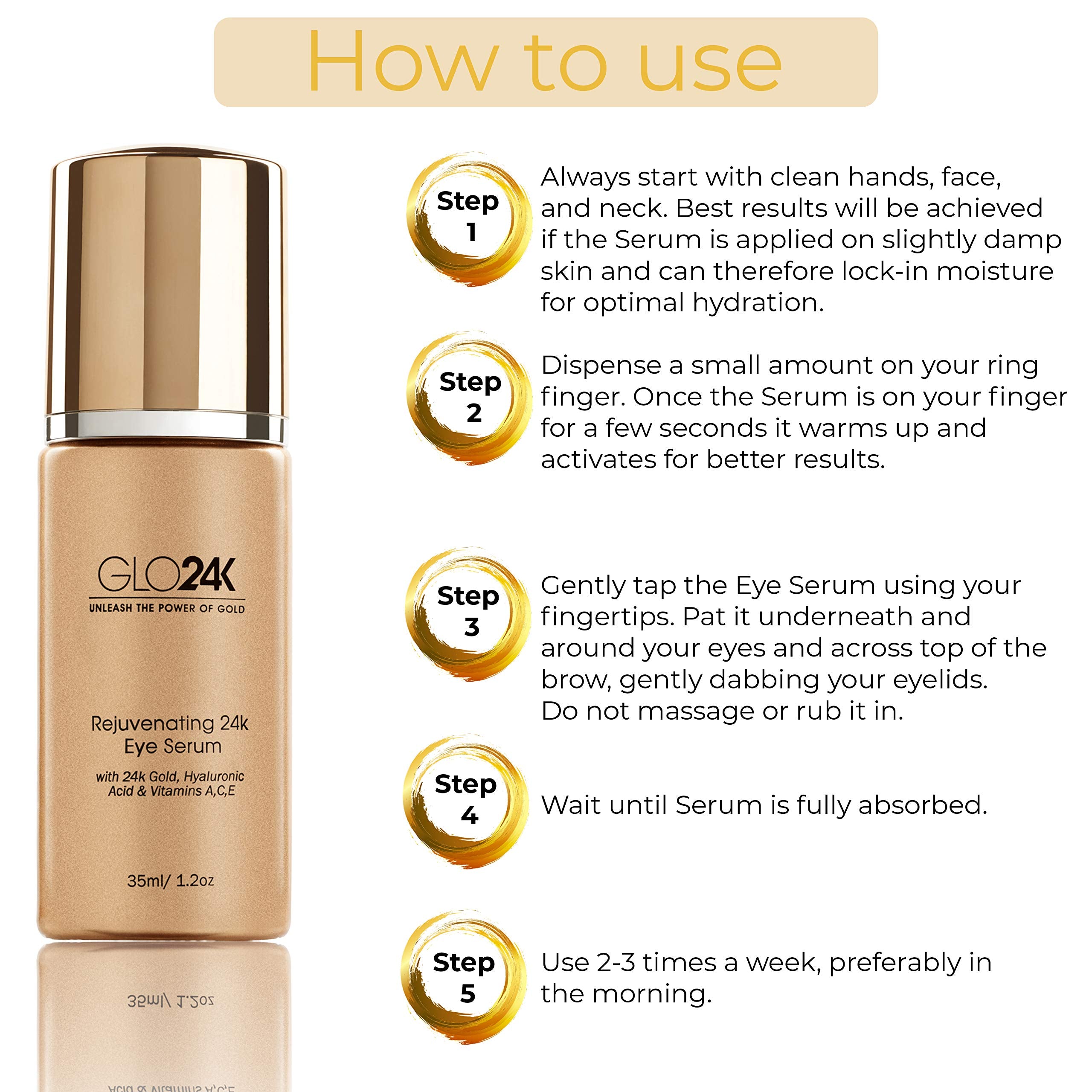 GLO24K Eye Serum with 24k gold, hyaluronic acid, and vitamins A, C, E for delicate eye skin, in a sleek serum bottle