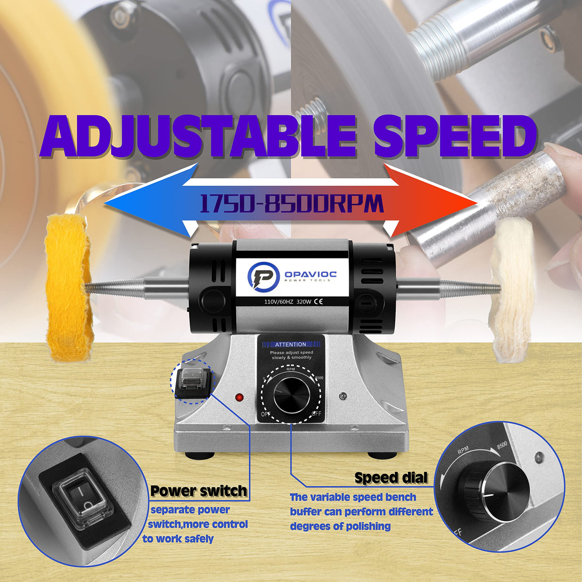 OPAVIOC Jewelry Polisher - Adjustable Variable Speed Bench Grinder Polishing & Buffing Machine, Dental Buffer & Lathe - 
