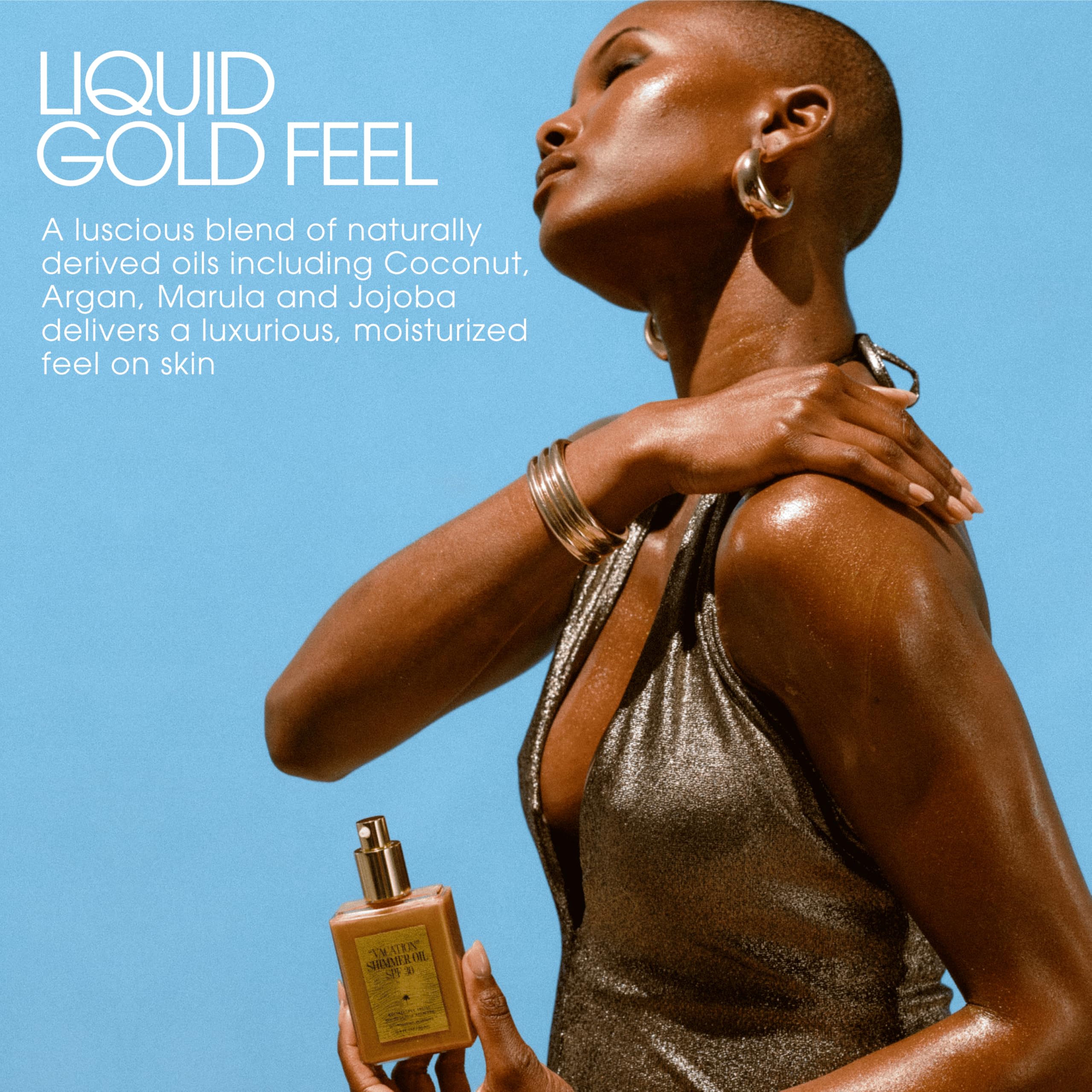 Vacation Shimmer Oil SPF 30 body sunscreen oil in 2.9 oz bottle, providing sun protection with a shimmering finish.