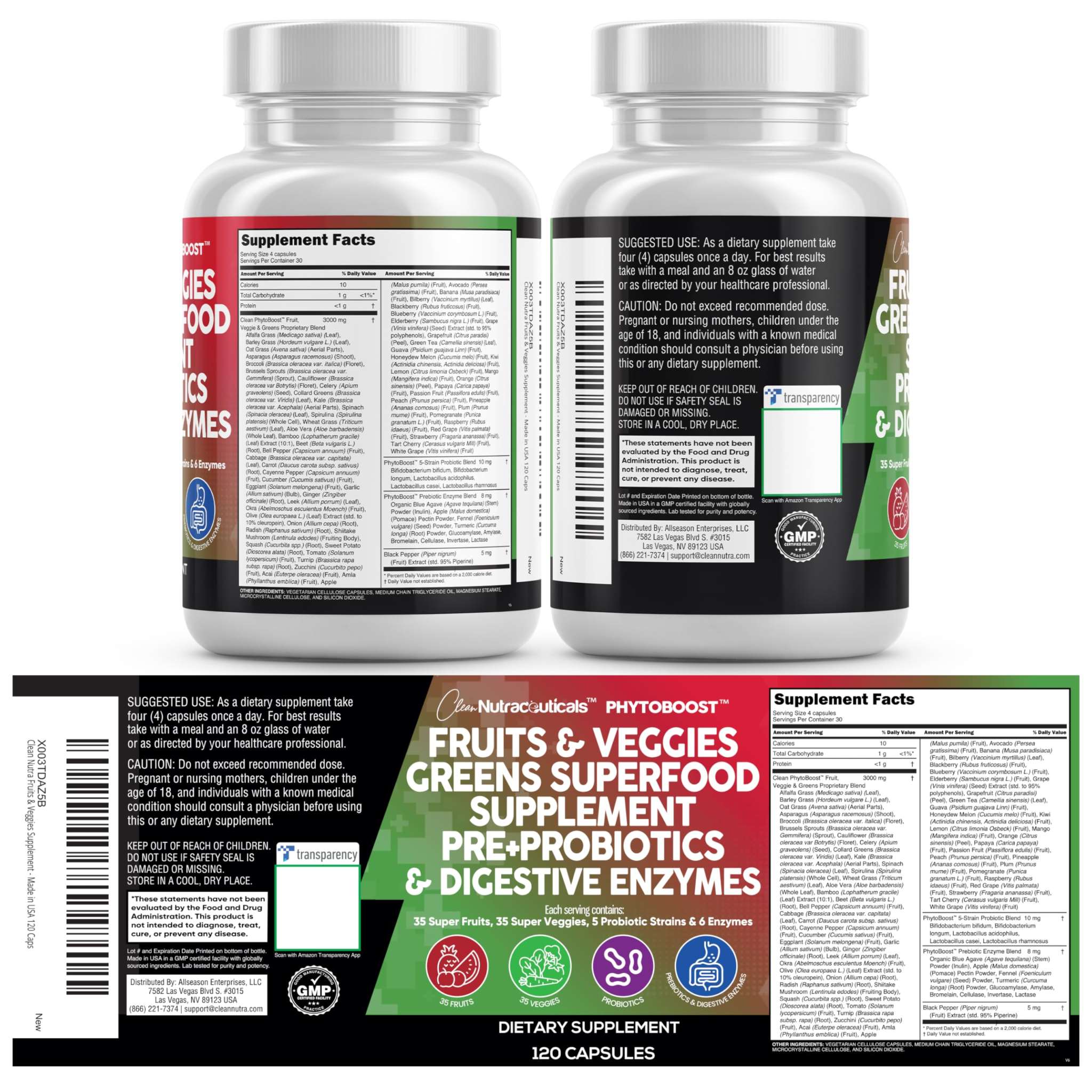 Clean Nutraceuticals Fruits & Veggies Superfood nutritional supplement in 120 count bottle, featuring colorful fruit and vegetable blend capsules.