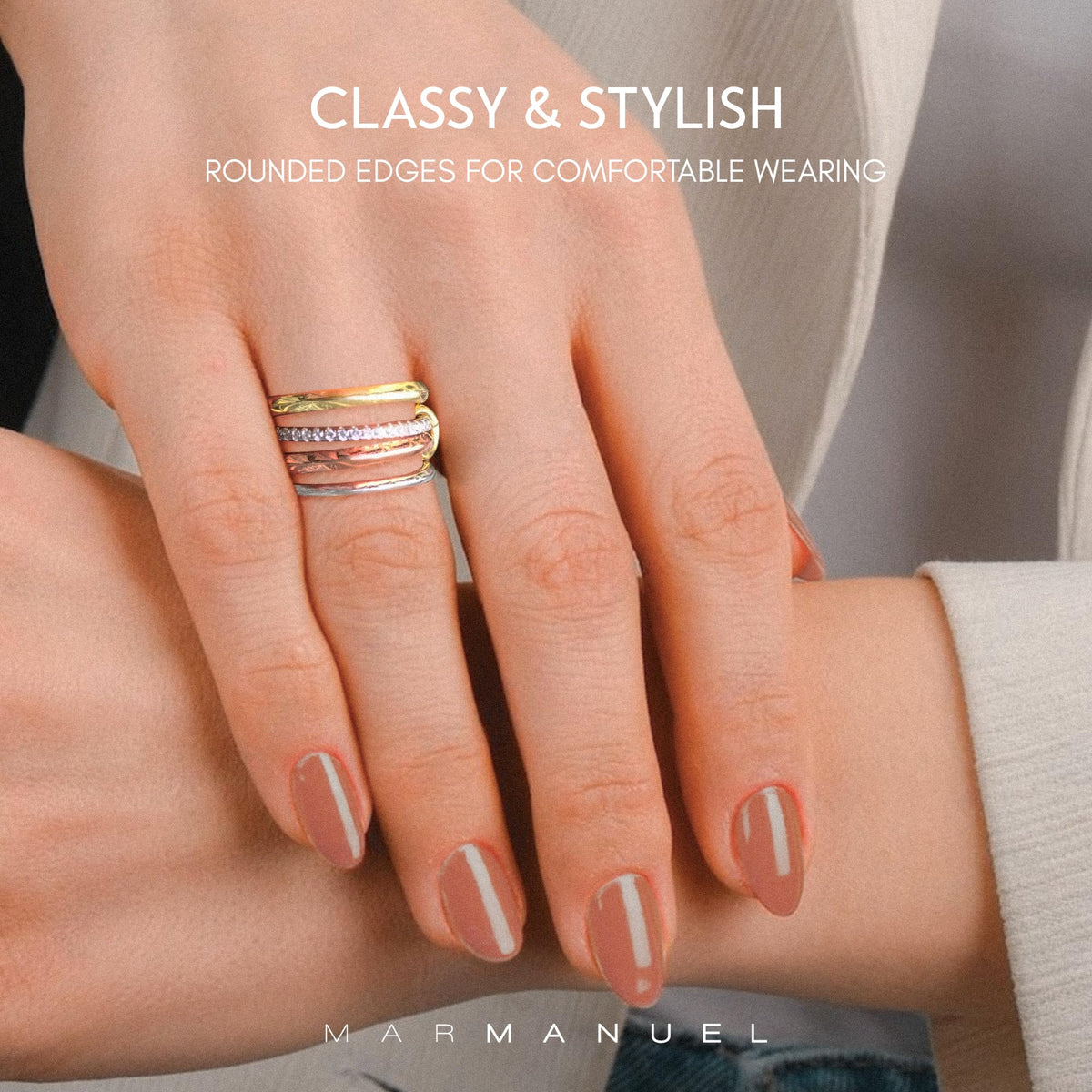 MAR MANUEL - Stackable Rings for Women Made of Durable 14kt 0.5 Micron Gold & Silver-Plated Brass with Zircon Stones, El