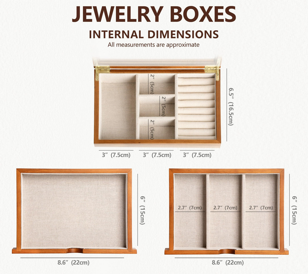 Clasin Home Jewelry Box with Glass Lid, 3 Layer Jewelry Organizer for Women, Solid Wooden Jewelry Box Display for Ring E
