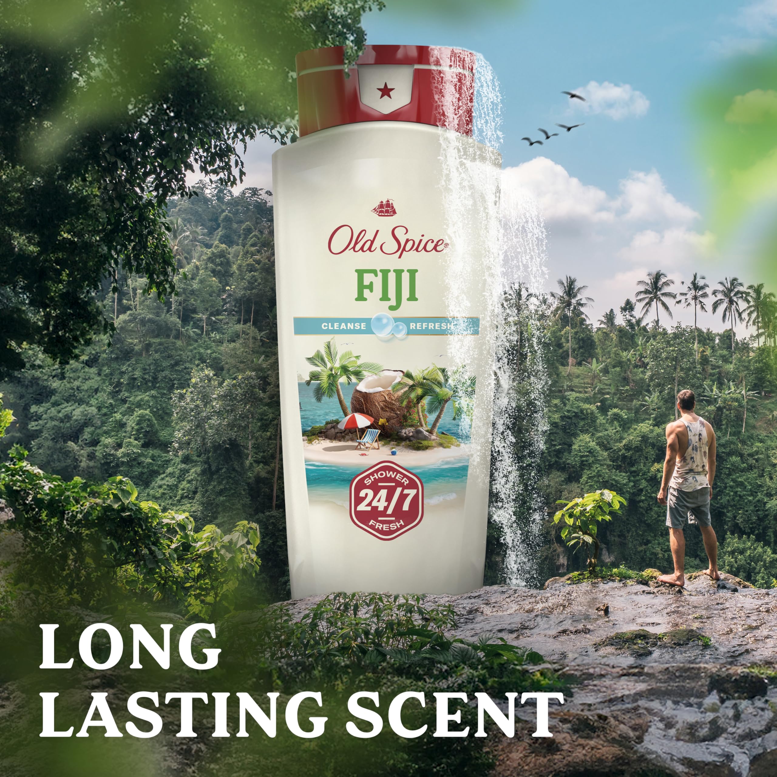 Old Spice 24/7 Shower Fresh body wash for men in 18 oz bottles, with palm tree and coconut scent, featuring Vitamin B3.