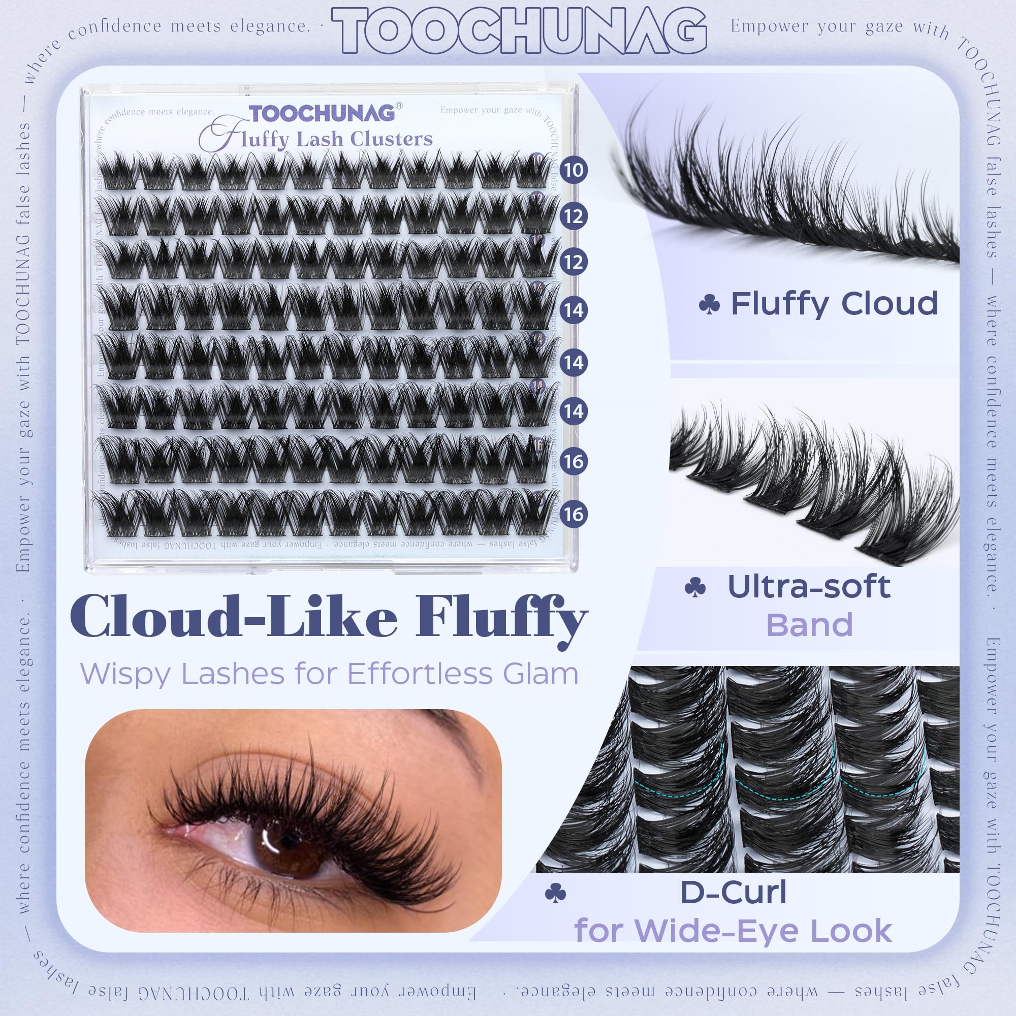 TOOCHUNAG Fluffy Lash Clusters false eyelashes with wispy D curl design, showcasing natural-looking, voluminous eyelash clusters.