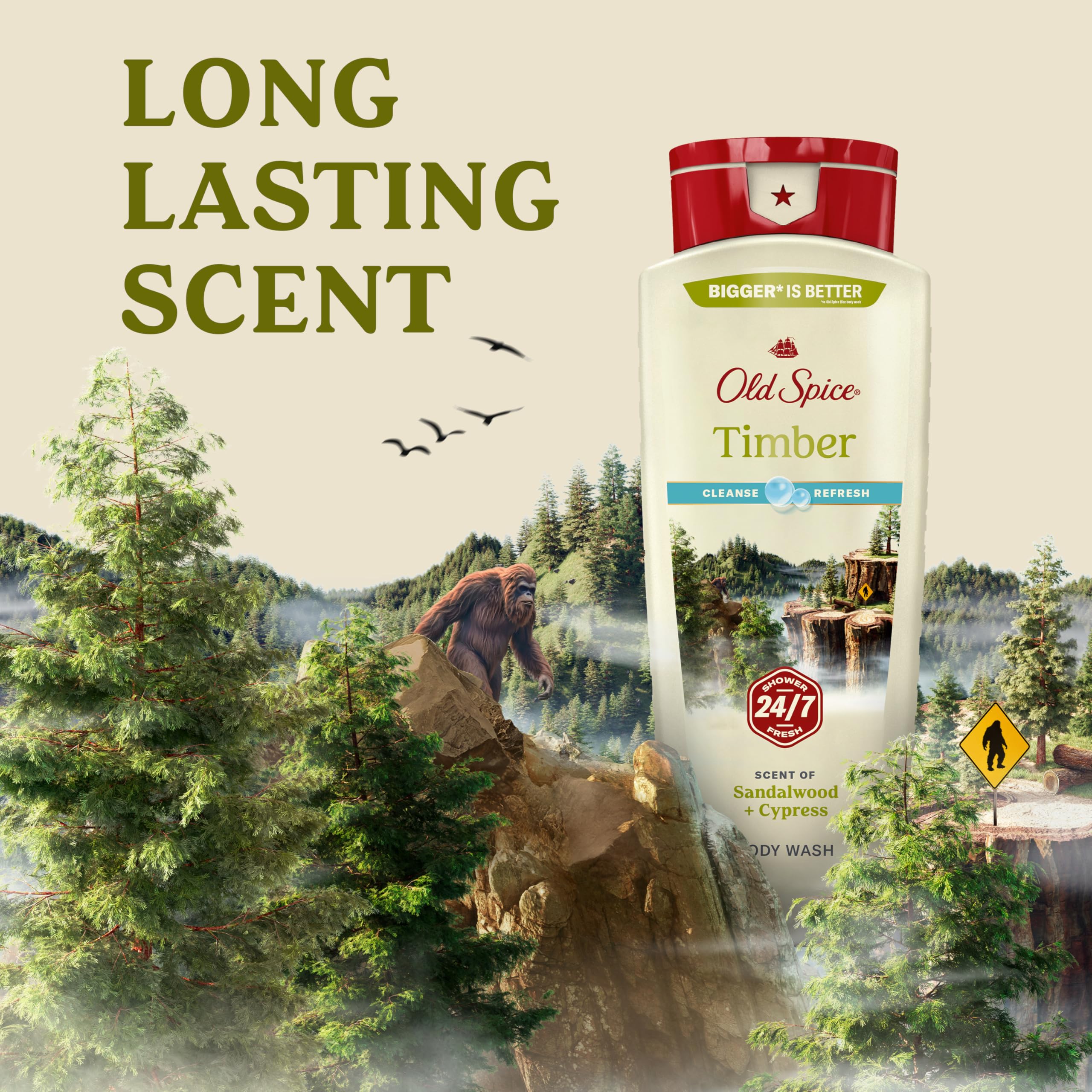 Old Spice Timber sandalwood body wash, 18 oz bottles, pack of four, for refreshing skin cleaning and masculine scent.