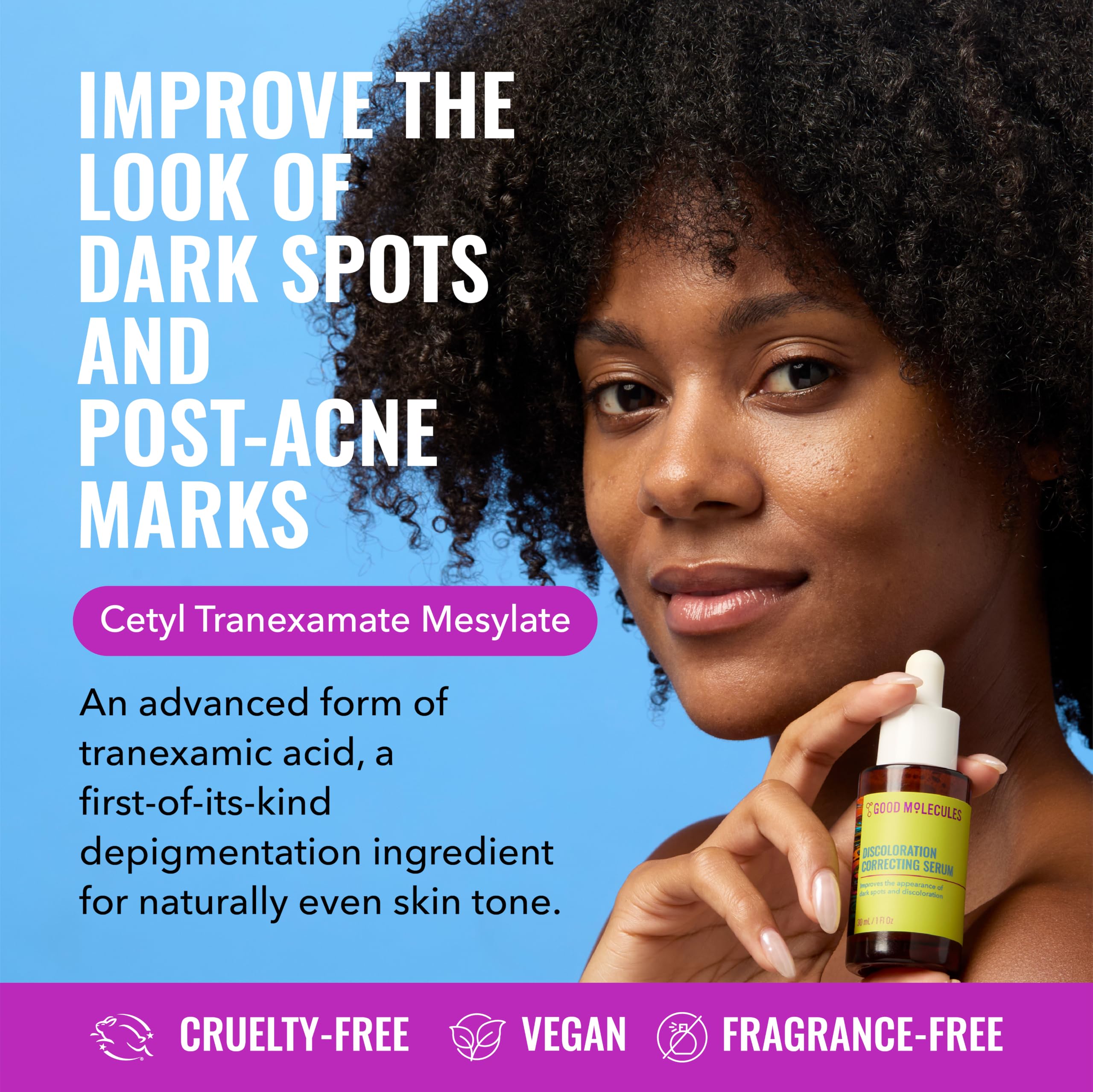 Good Molecules discoloration correcting serum in a 2.5 fl oz bottle, skincare serum for dark spot treatment, clear and simple packaging