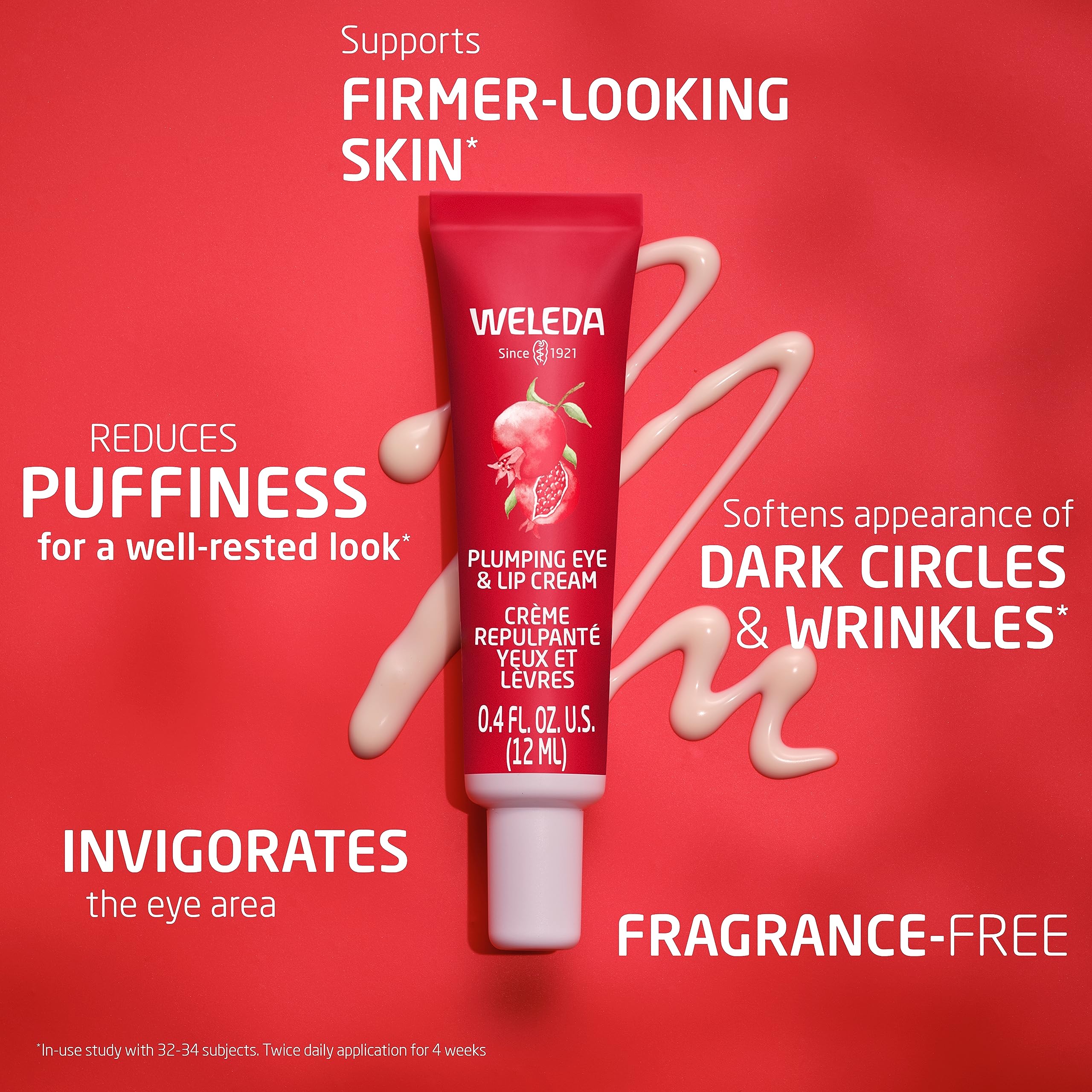 Weleda Plumping Eye and Lip Cream with maca peptides and pomegranate for nourishing, hydrated skin around eyes and lips.
