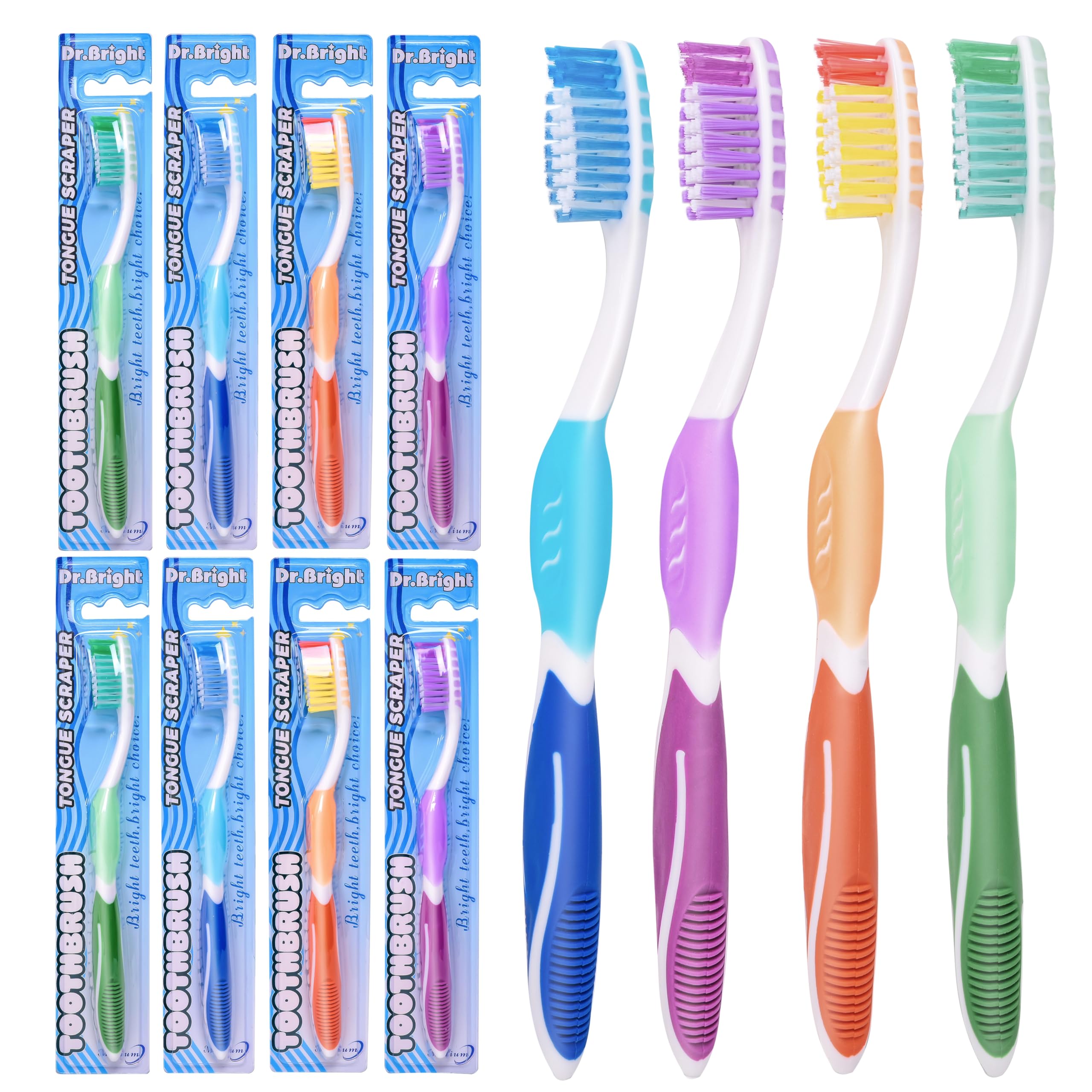 Medium Adult Toothbrushes with Tongue Cleaner, 8 Pack - Product Imagery