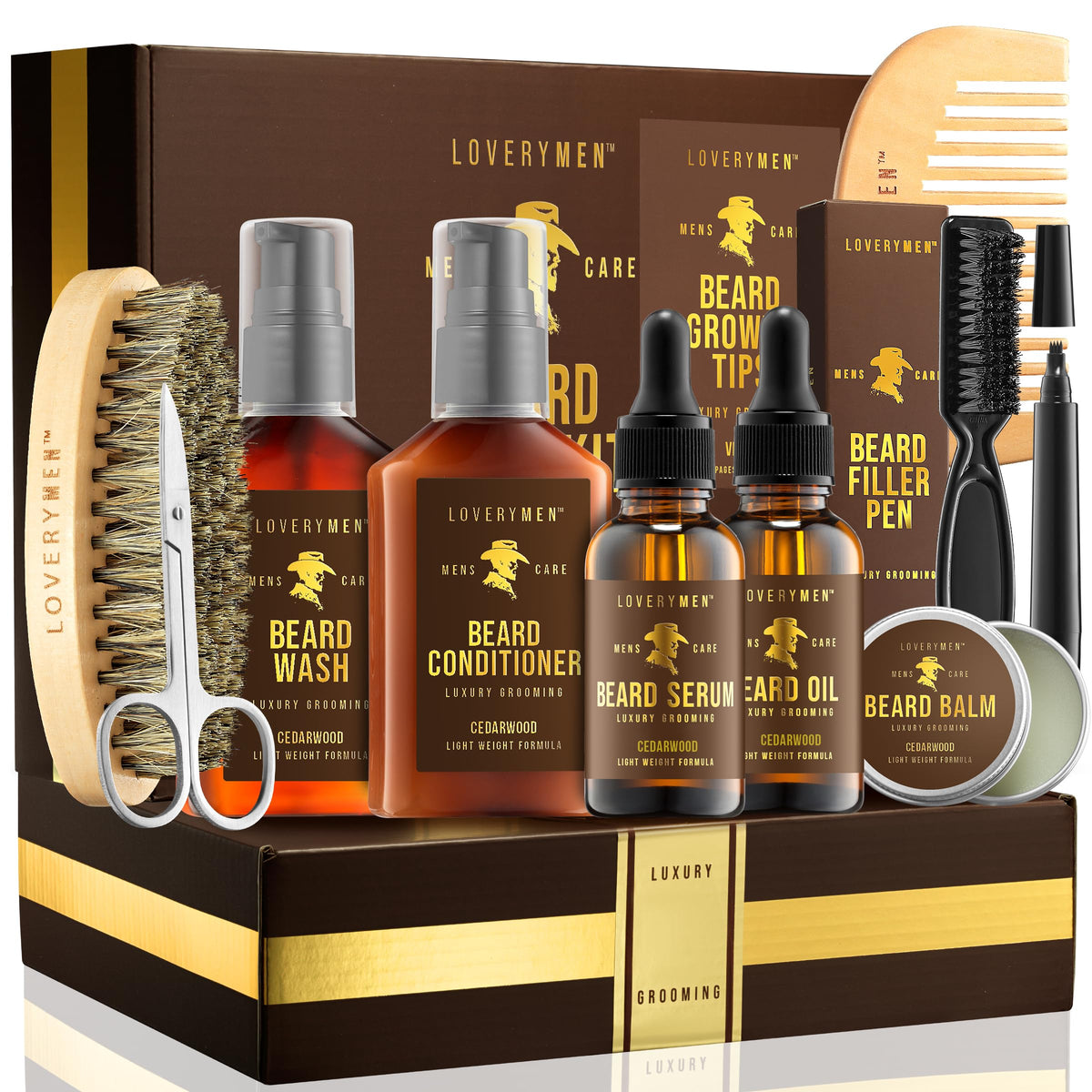 LOVERY Ultimate Beard Care Kit - 12pc Complete Grooming Set in Cedarwood, Beard Balm, Wash, Conditioner, Oil, Serum, Bea