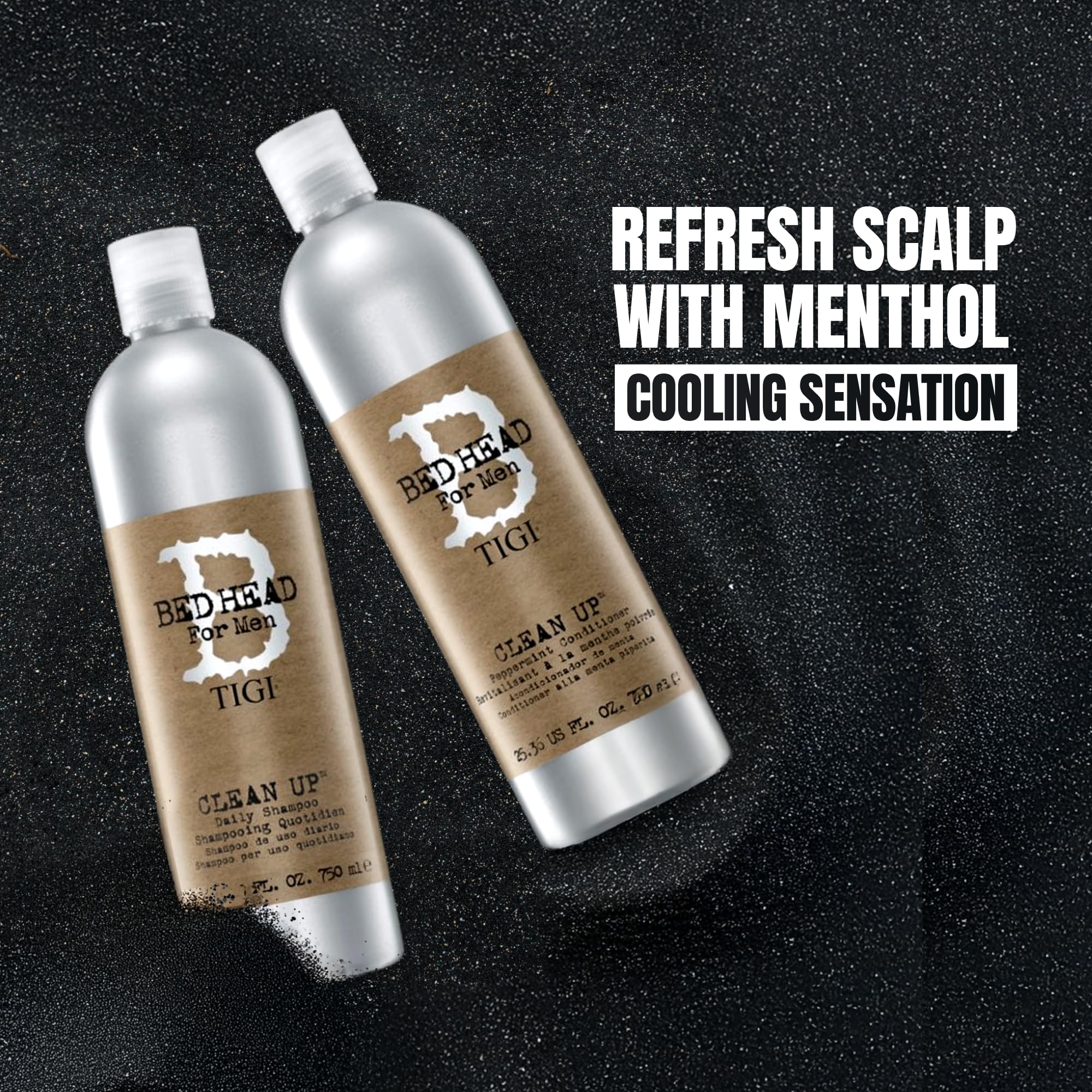 Bed Head by TIGI Men Clean Up Daily Shampoo bottle, 25.36 fl oz, with clear label and pump dispenser for men's hair care.