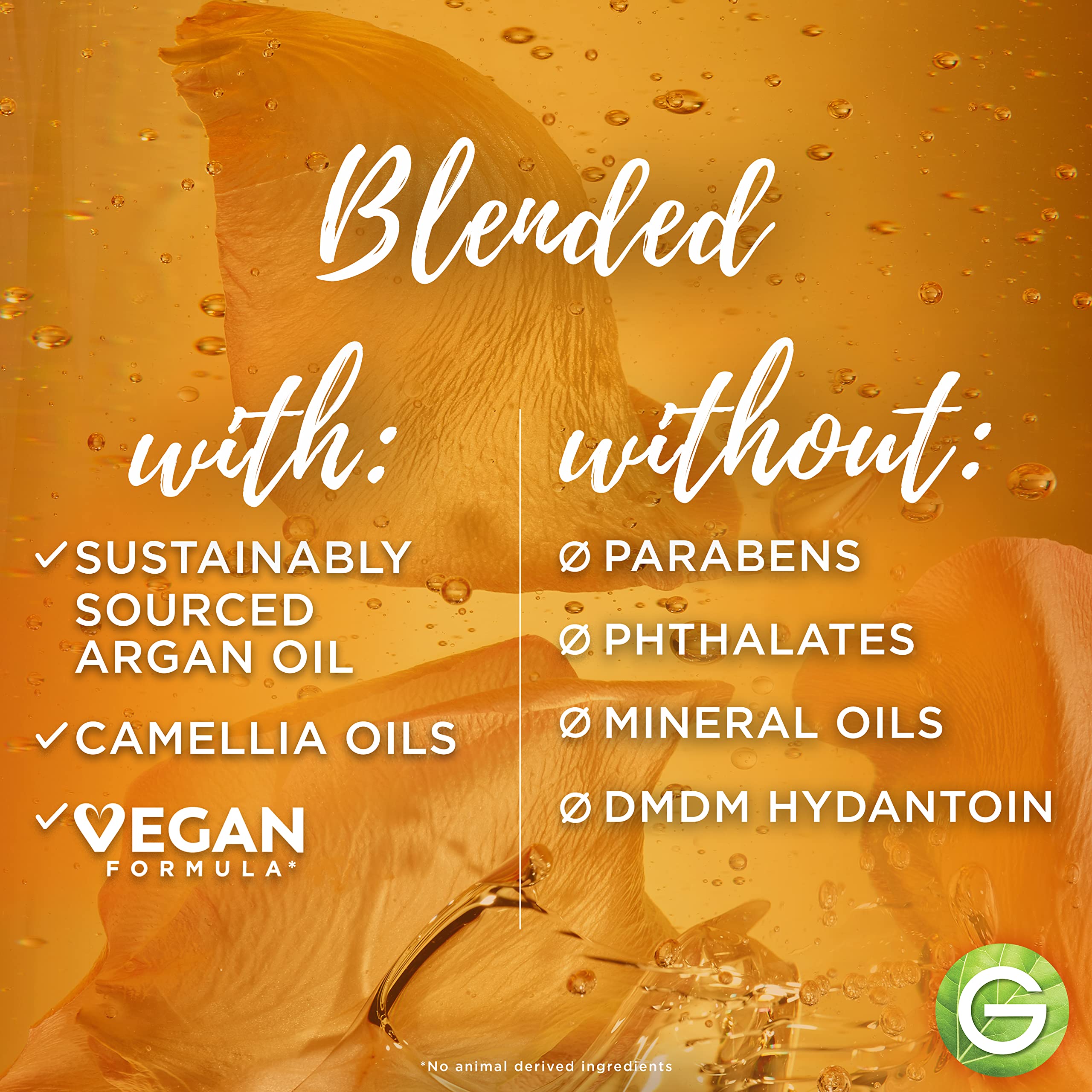 Garnier Whole Blends Argan & Camellia Shampoo 3-pack bottles with labels and pump tops, arranged on a white background.