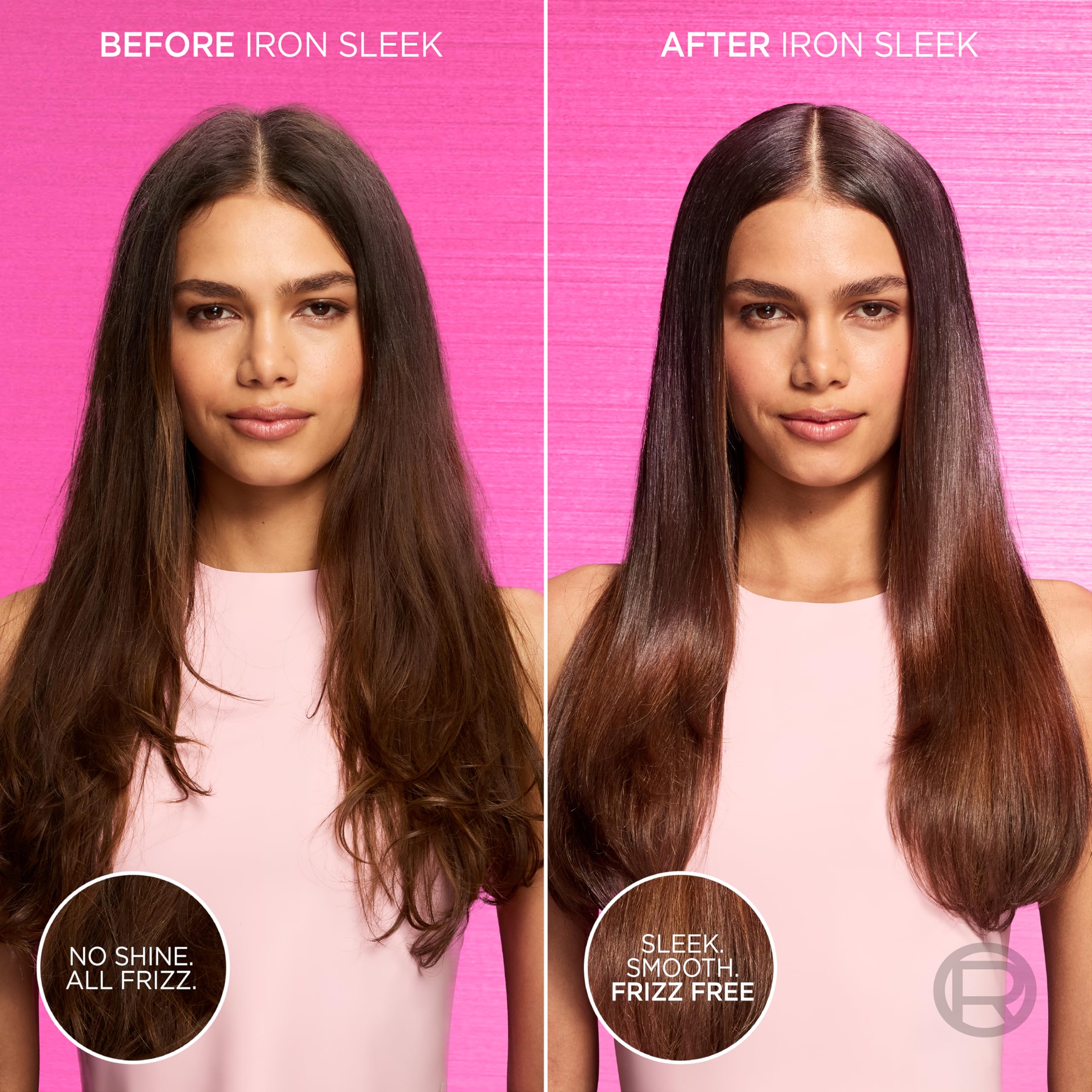 L'Oreal Paris Sulfate-Free Iron Sleek shampoo and conditioner set for frizz control, humidity resistance, and color-treated hair.