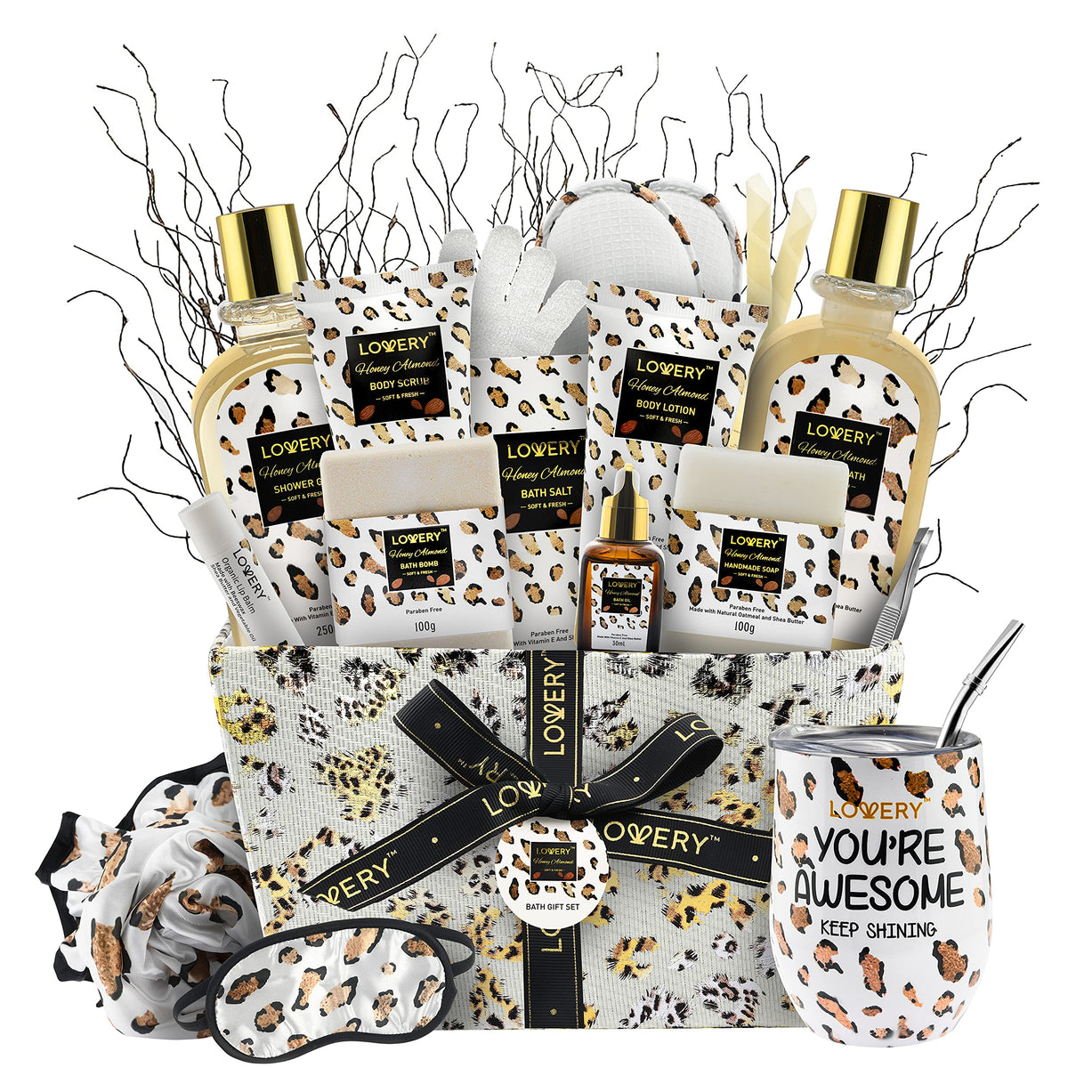 LOVERY Luxury At-Home Spa Kit with Honey Almond Scent - Bath Gift Basket with Vit E-Rich Bath Essentials, Tumbler, Ear C