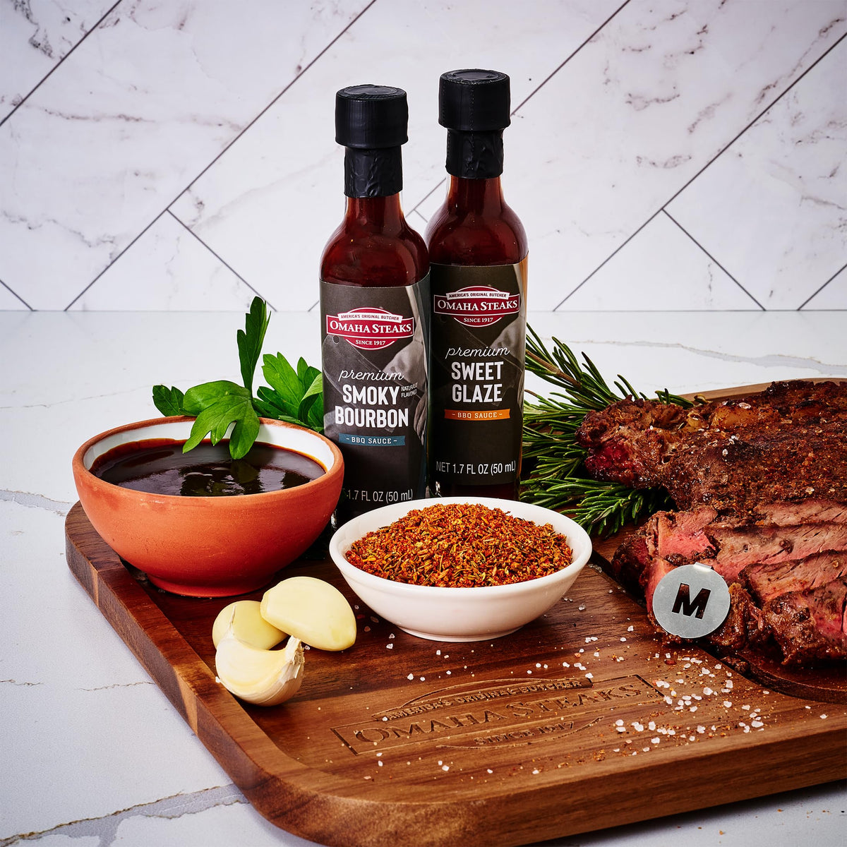 Omaha Steaks Grilling Gift Set Steak Plate BBQ Sauces - Thoughtfully Official Imagery - 5