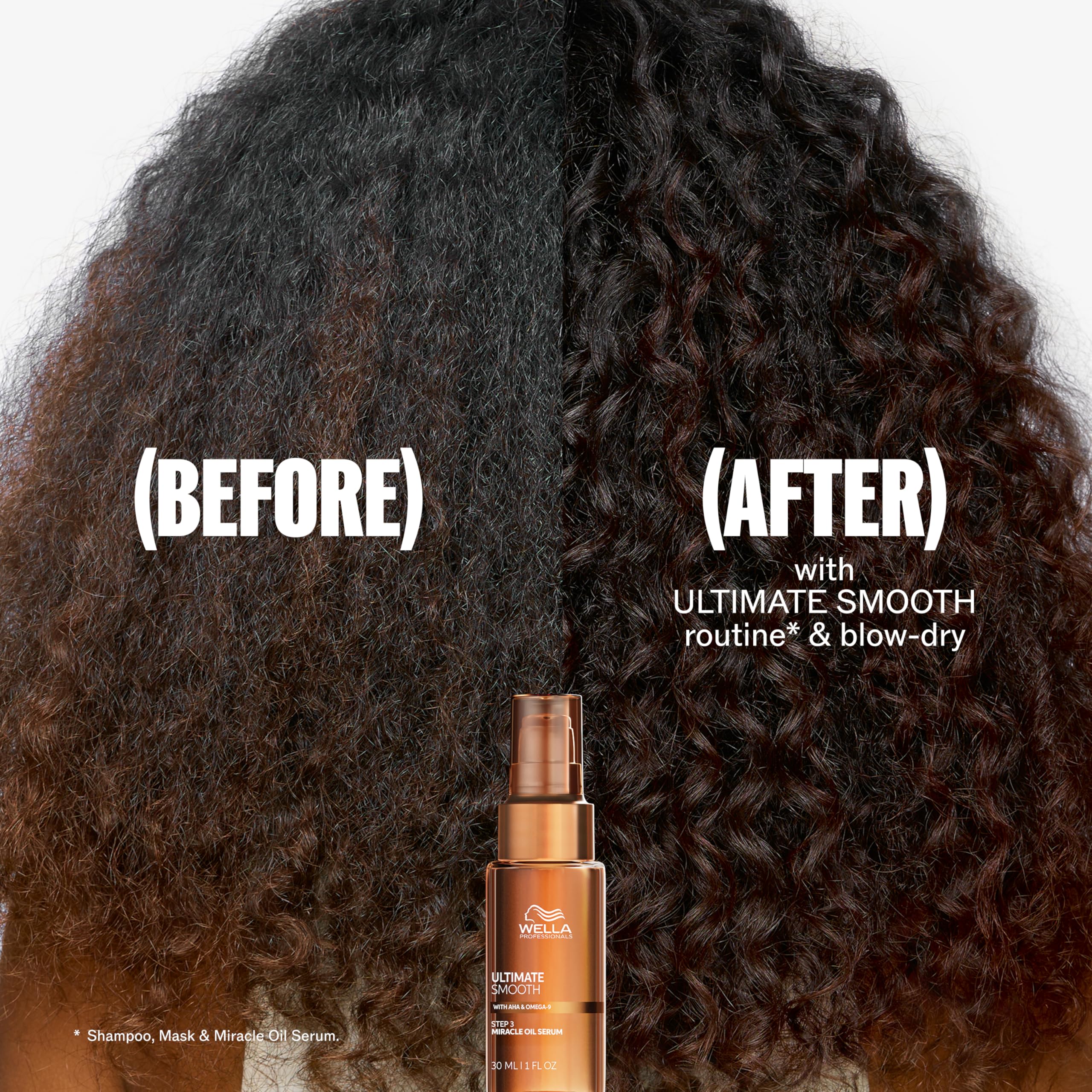 Wella Professionals Ultimate Smooth Miracle Oil Serum with squalane, a hair styling agent for smooth, shiny hair.