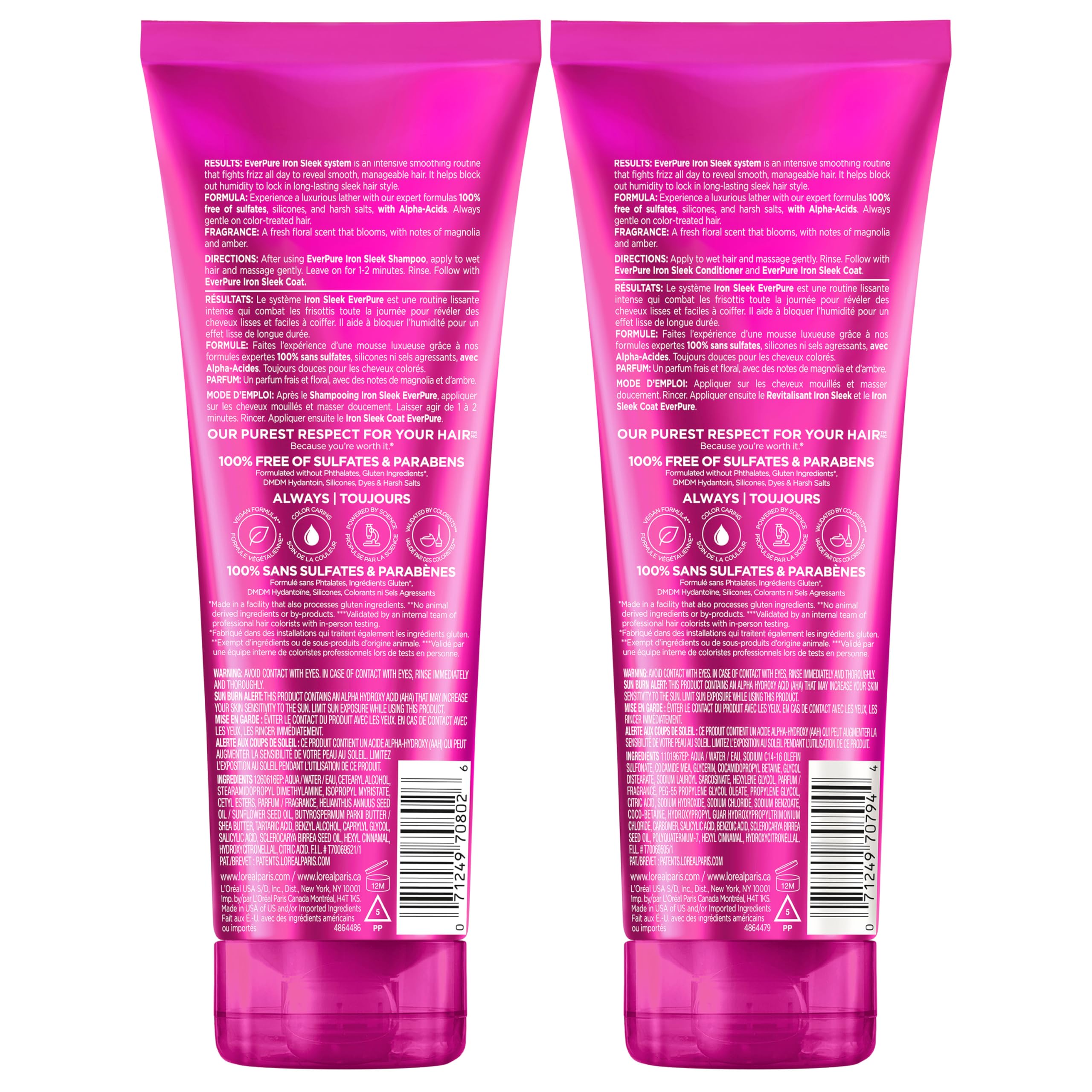L'Oreal Paris Sulfate-Free Iron Sleek Smoothing Shampoo and Conditioner set for frizz control, humidity resistance, suitable for color-treated hair.