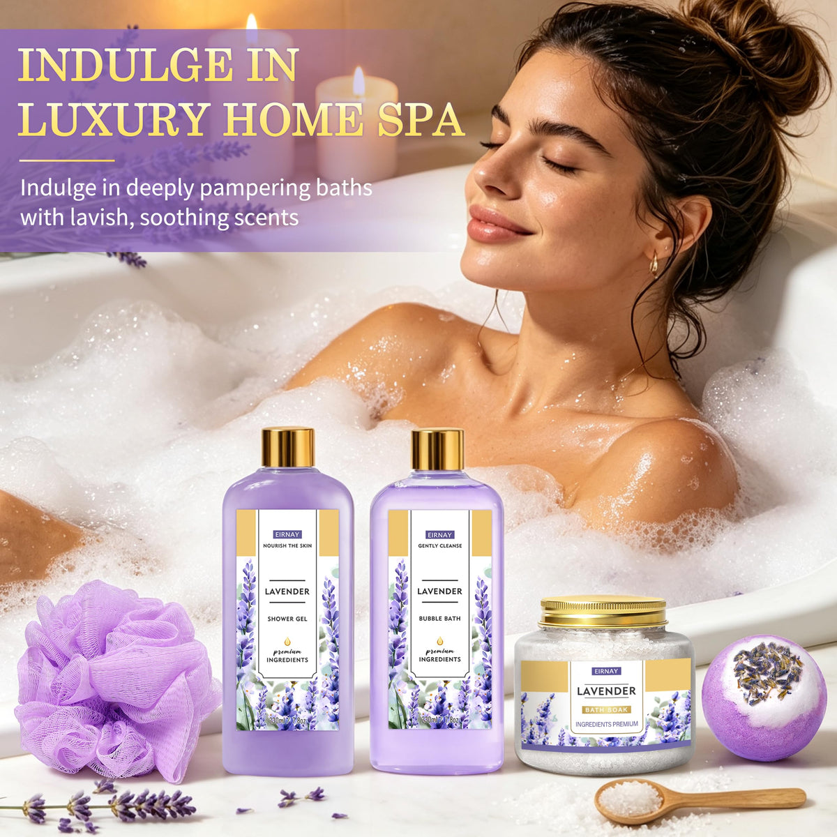 EIRNAY Spa Gifts for Women Birthday Gift Baskets Bath Set for Women Self Care Kit – packaging and label