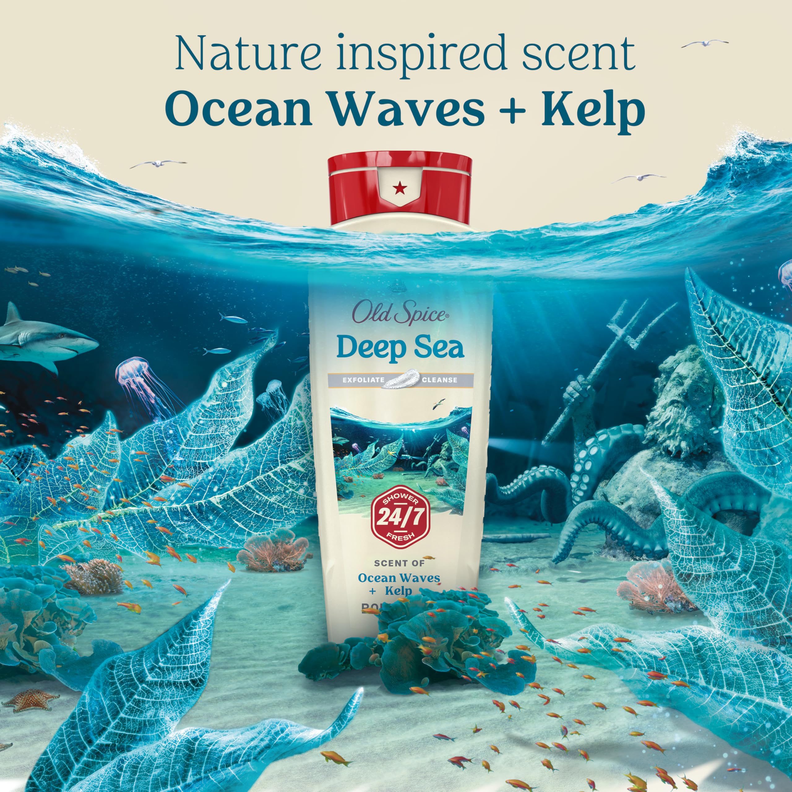 Old Spice 24/7 Shower Fresh Body Wash for Men with ocean waves and kelp scent, exfoliates and cleanses skin, 18 oz pack of 4