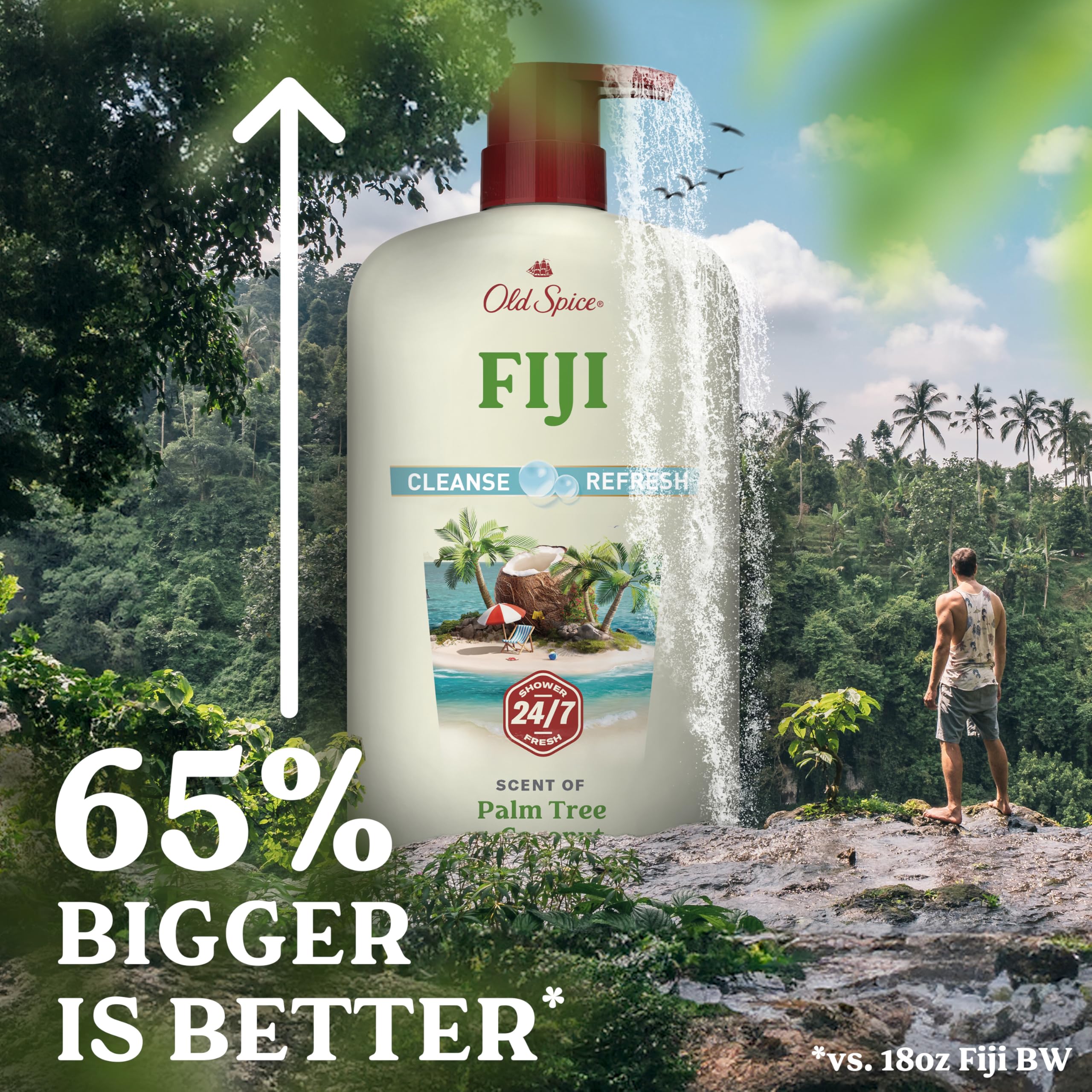Old Spice 24/7 Shower Fresh body wash for men in 25 oz bottles, with Fiji coconut scent and vitamin B3, pack of 4 bottles.