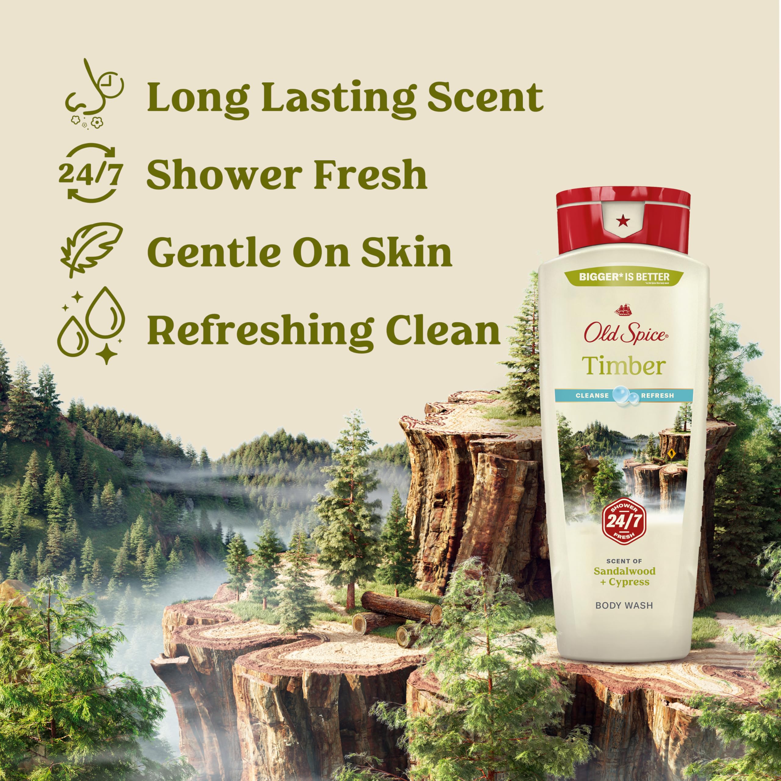 Old Spice Timber sandalwood body wash bottles, 18 oz each, in a pack of four for skin cleansing and refreshing.
