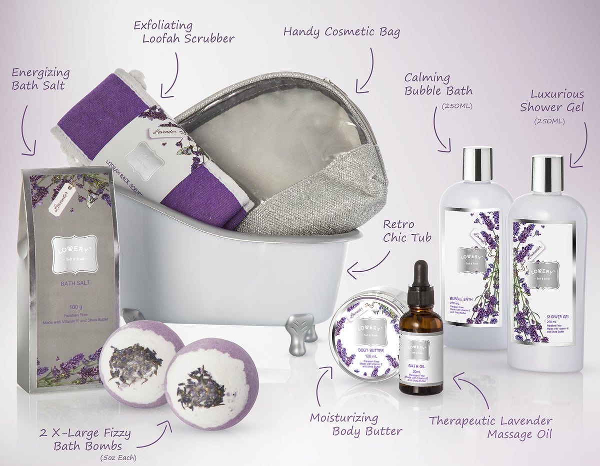 LOVERY Bath Gift Basket Set for Women: Relaxing at Home Spa Kit Scented - Lavender and Jasmine with Large Bath Bombs, Sa