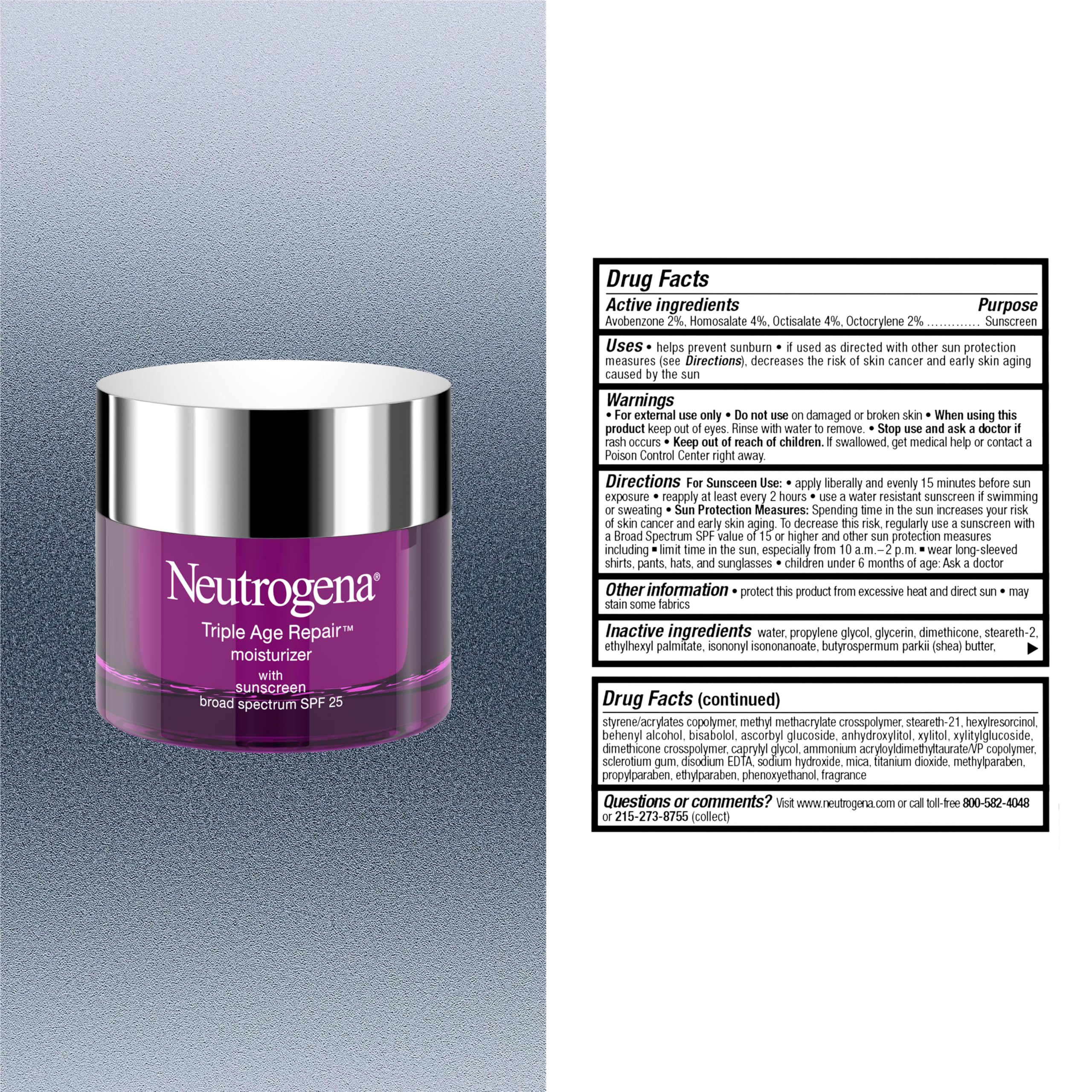 Neutrogena Triple Age Repair Face Moisturizer with SPF 25 in 1.7 oz tube, showing the product's packaging and label.