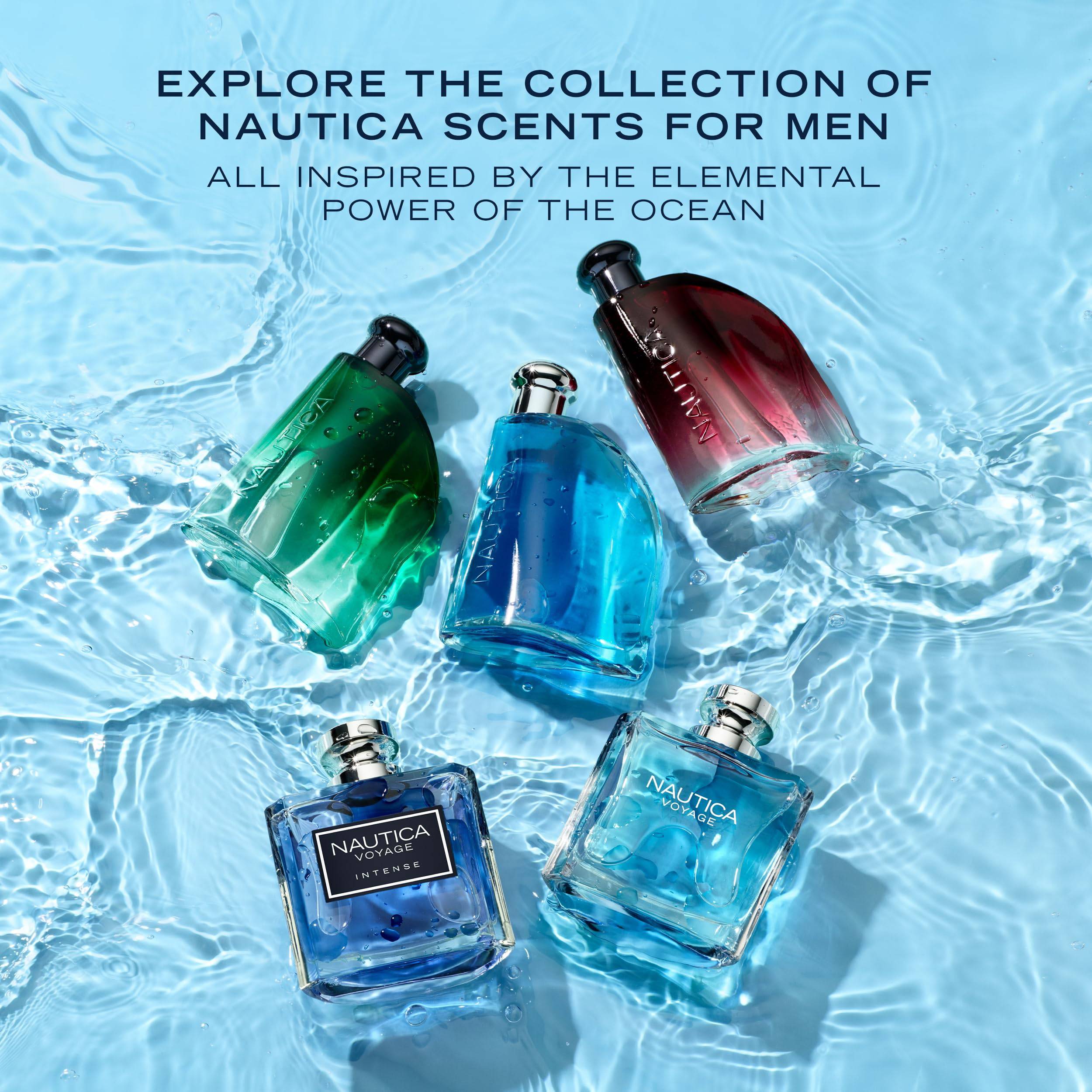 Nautica Voyage men's eau de toilette bottle with blue and white nautical design, 3.3 fl oz fragrance spray.
