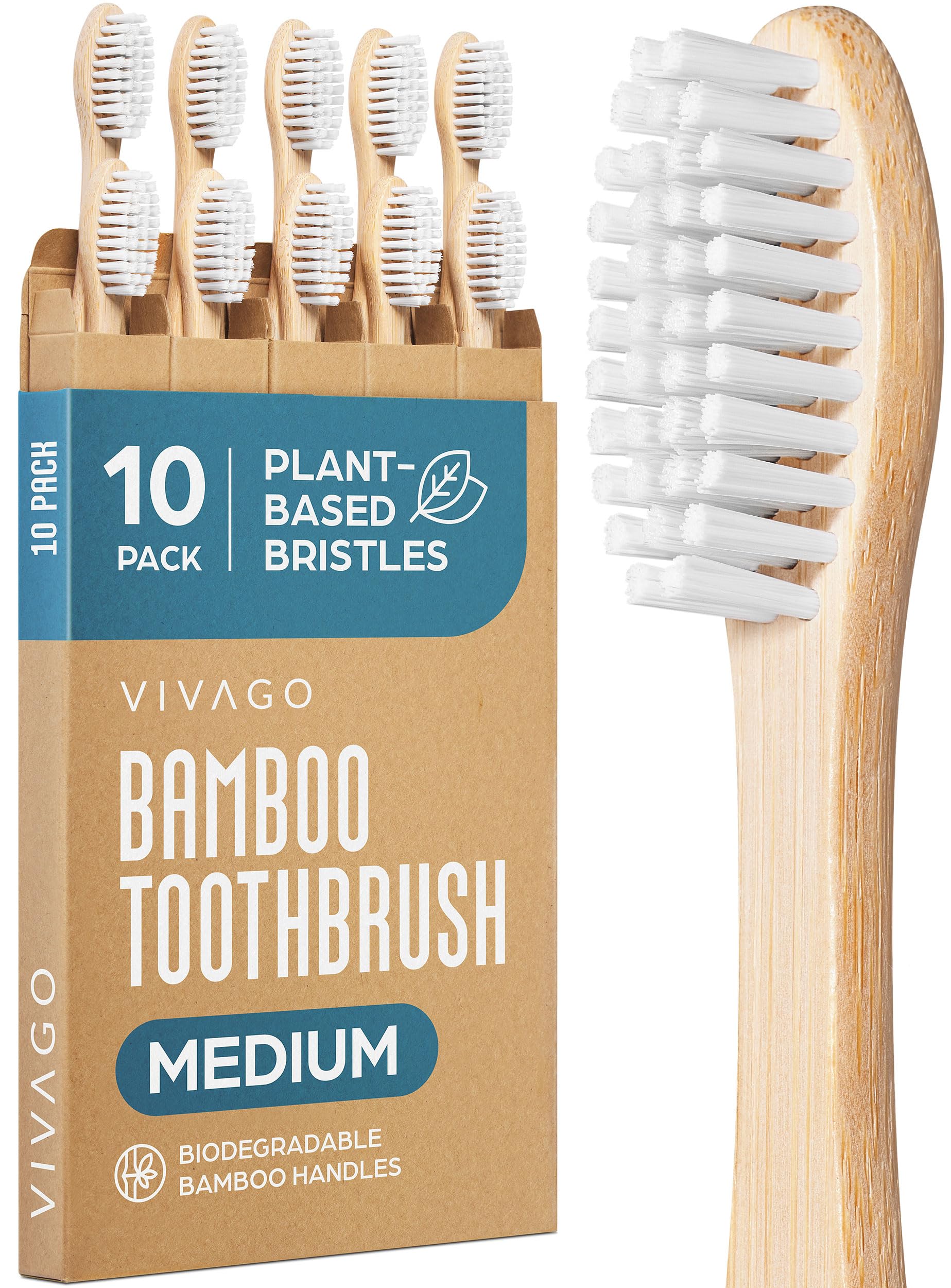 VIVAGO Bamboo Toothbrushes 10 Pack – Plant-Based Medium Bristles - Product Imagery