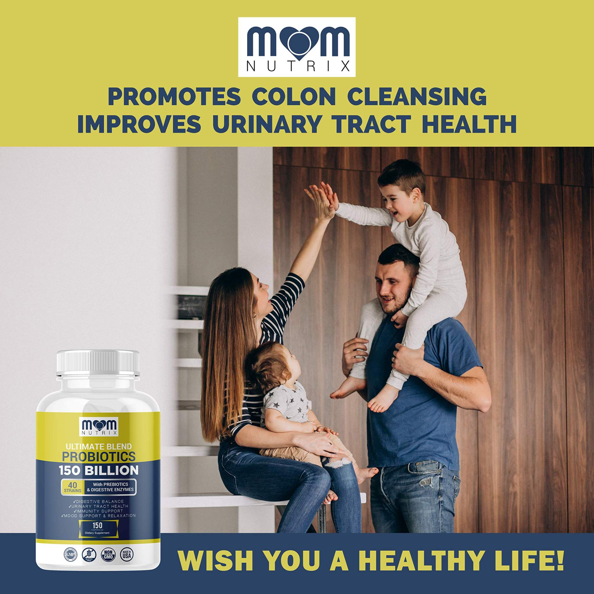 DewCura Probiotics 150 Billion CFU with 40 strains, dietary supplement bottle for gut health, suitable for women and men.