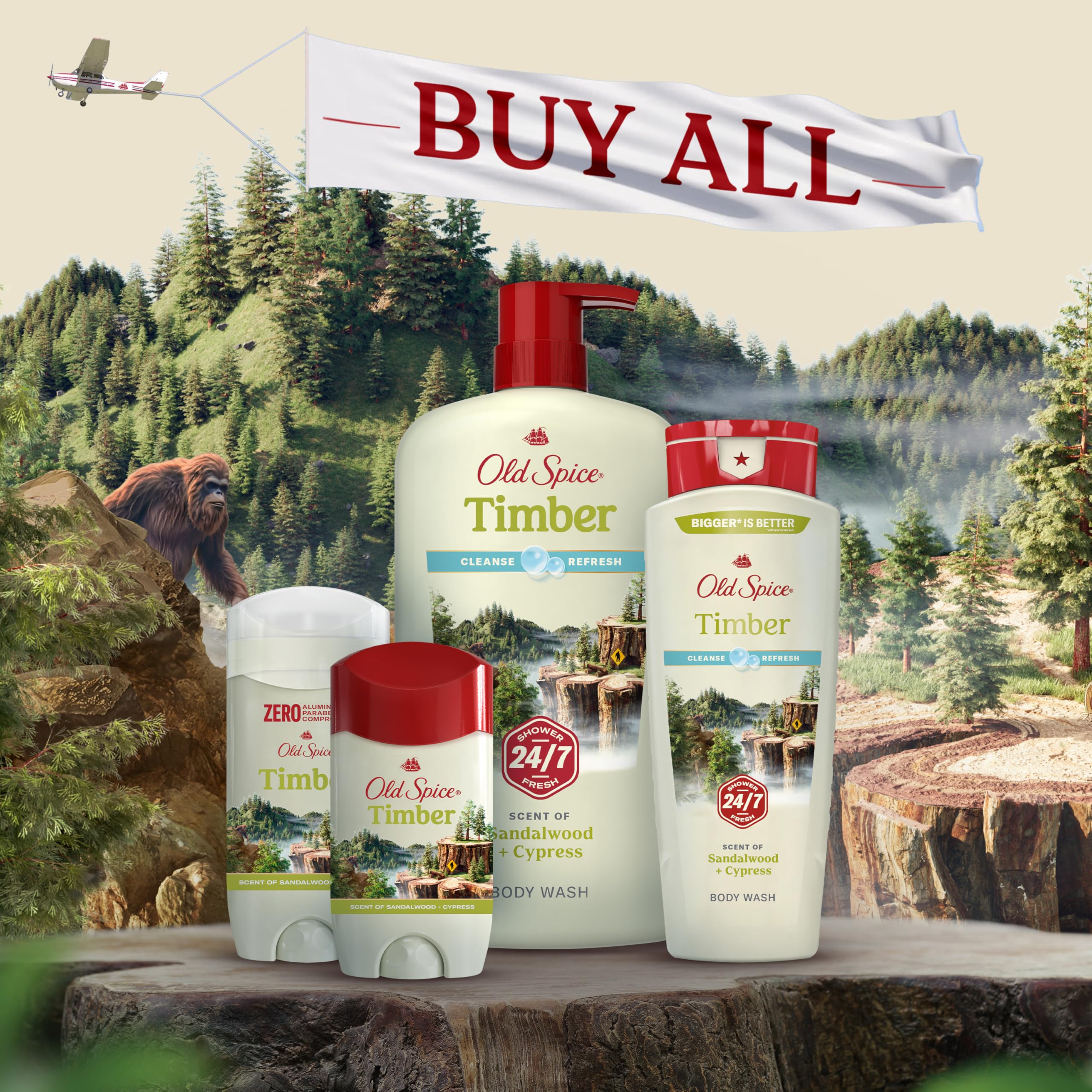 Old Spice Timber sandalwood body wash 18 oz bottles, pack of 4, for skin cleaning with masculine scent