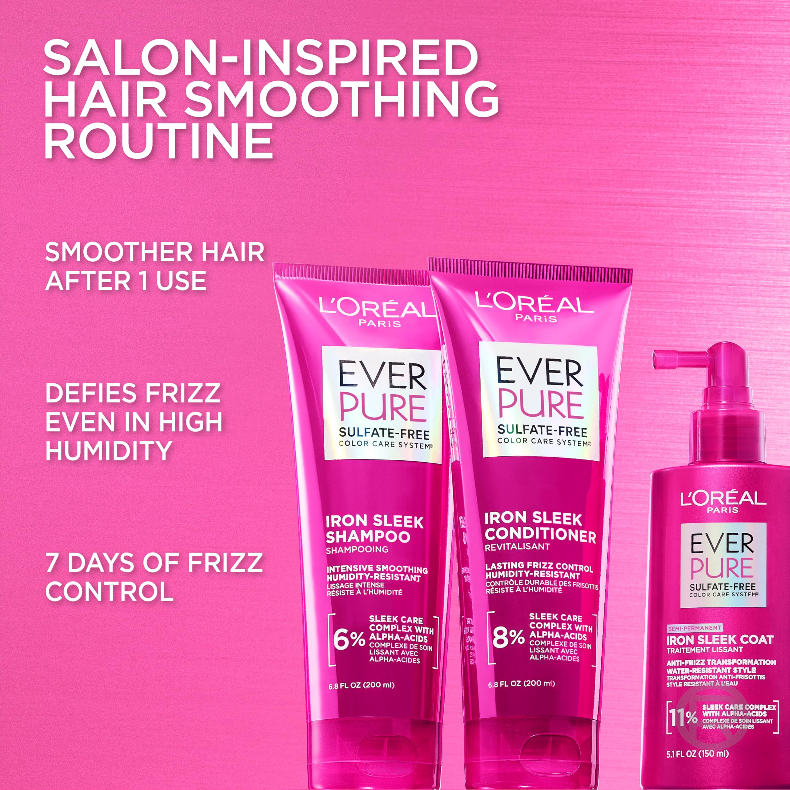 L'Oreal Paris Sulfate Free Iron Sleek shampoo and conditioner set for frizz control, smoothness, and humidity resistance on color-treated hair.