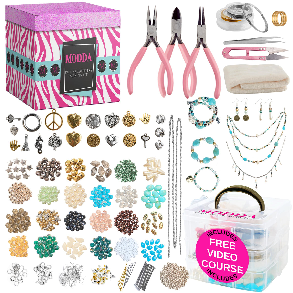 MODDA Deluxe Jewelry Making Kit with Video Course, Includes Instructions, Beads, Necklace, Bracelet, Earrings Making, Cr
