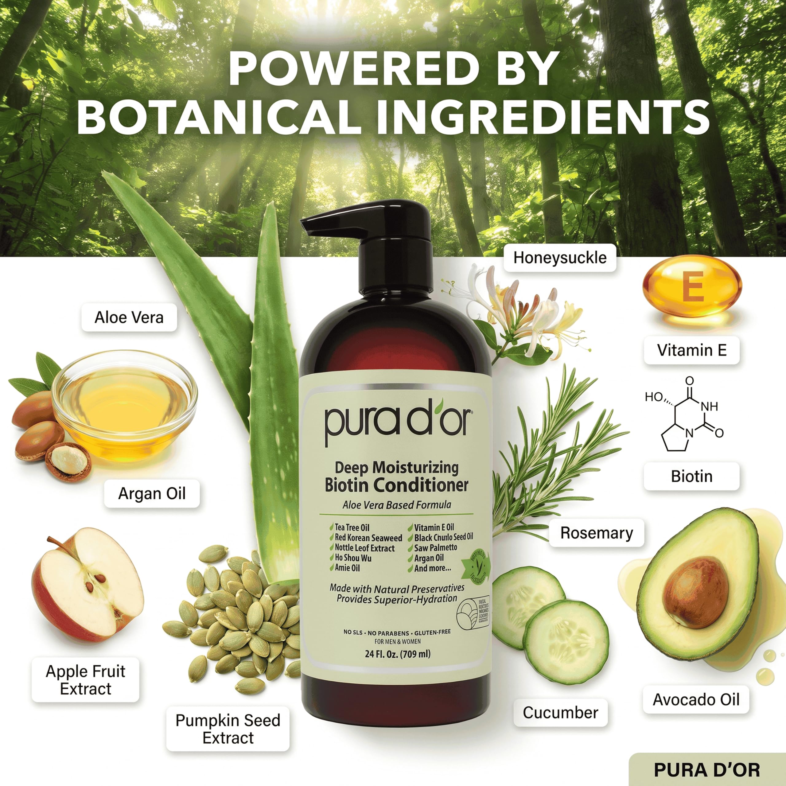 PURA D'OR Deep Moisturizing Biotin Conditioner bottle, 24oz, for nourishing and strengthening hair with biotin.