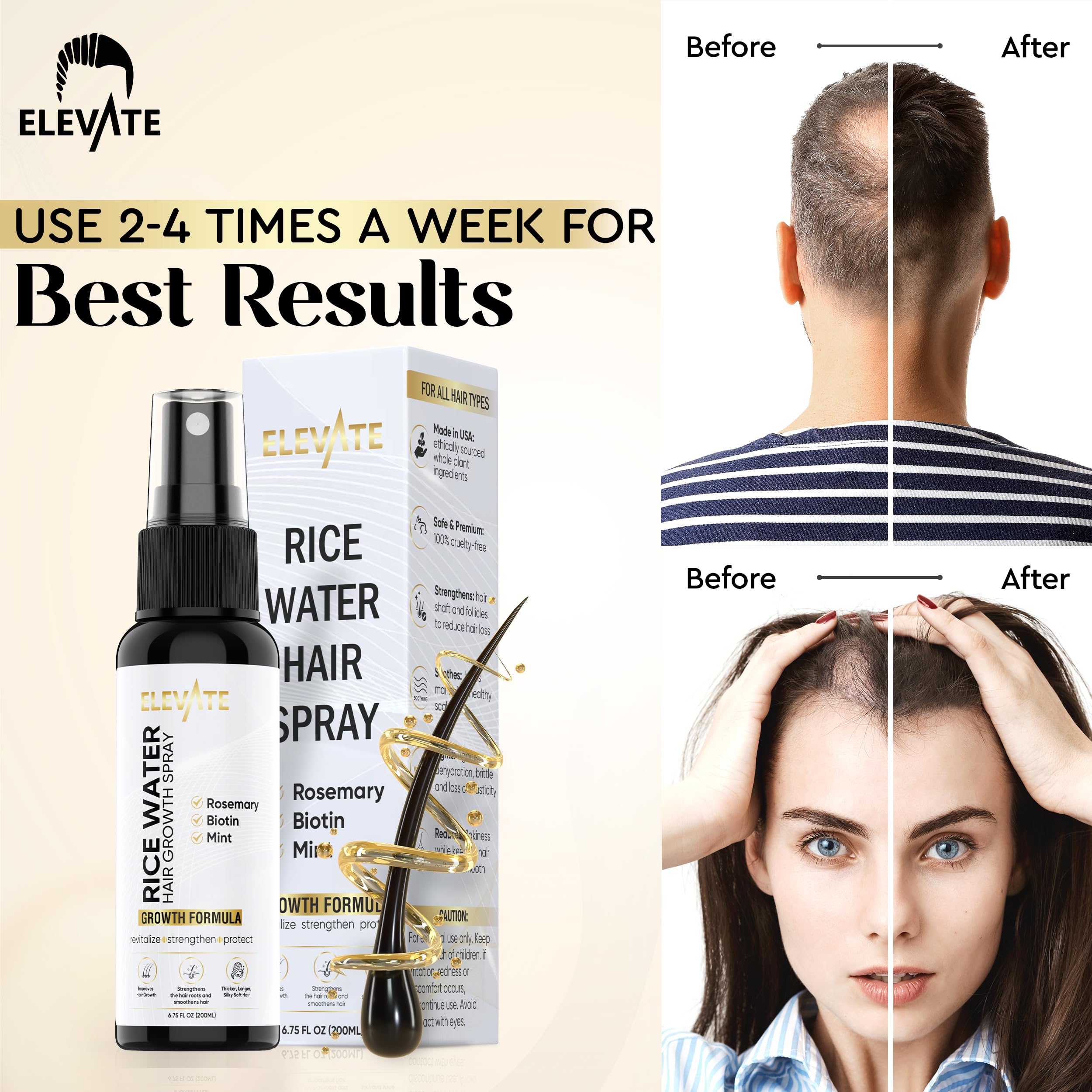 Elevate Rice Water Spray for Hair Growth with fermented rice water, rosemary, and biotin in a vegan leave-in treatment for stronger hair.