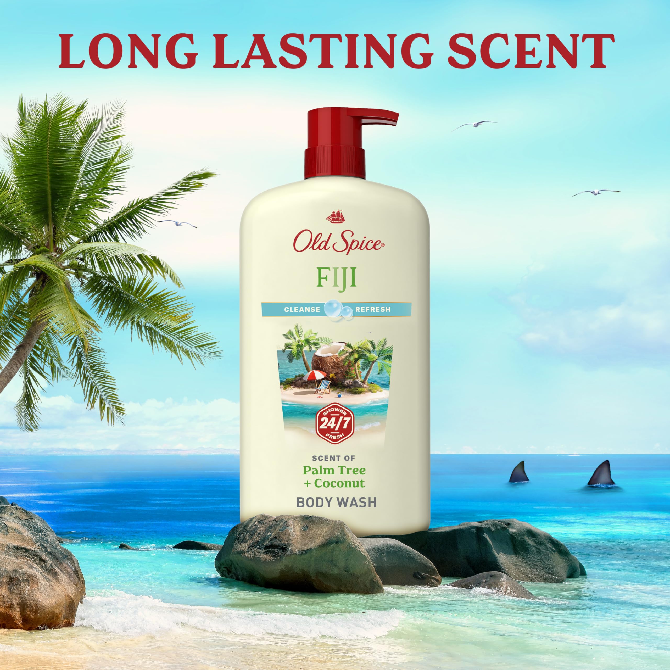 Old Spice Body Wash for Men, 24/7 Shower Fresh, 25 oz bottles with Fiji coconut scent, palm tree design, and vitamin B3.