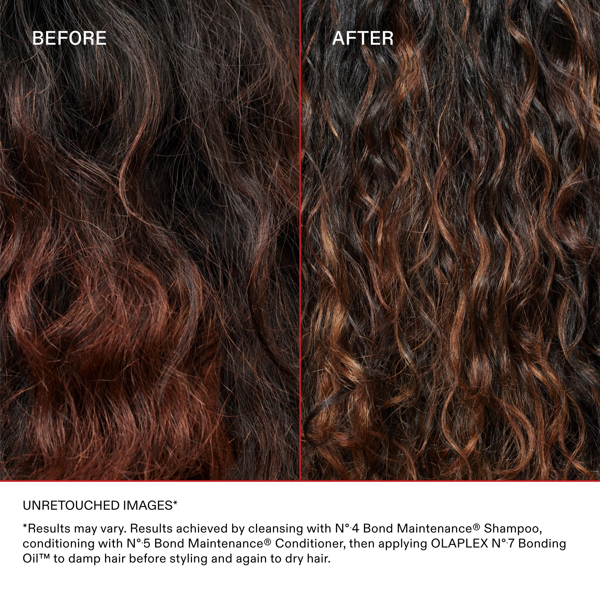 Olaplex No.7 Bonding Hair Oil for high shine and frizz control, 30 mL bottle with applied hair on a styled model