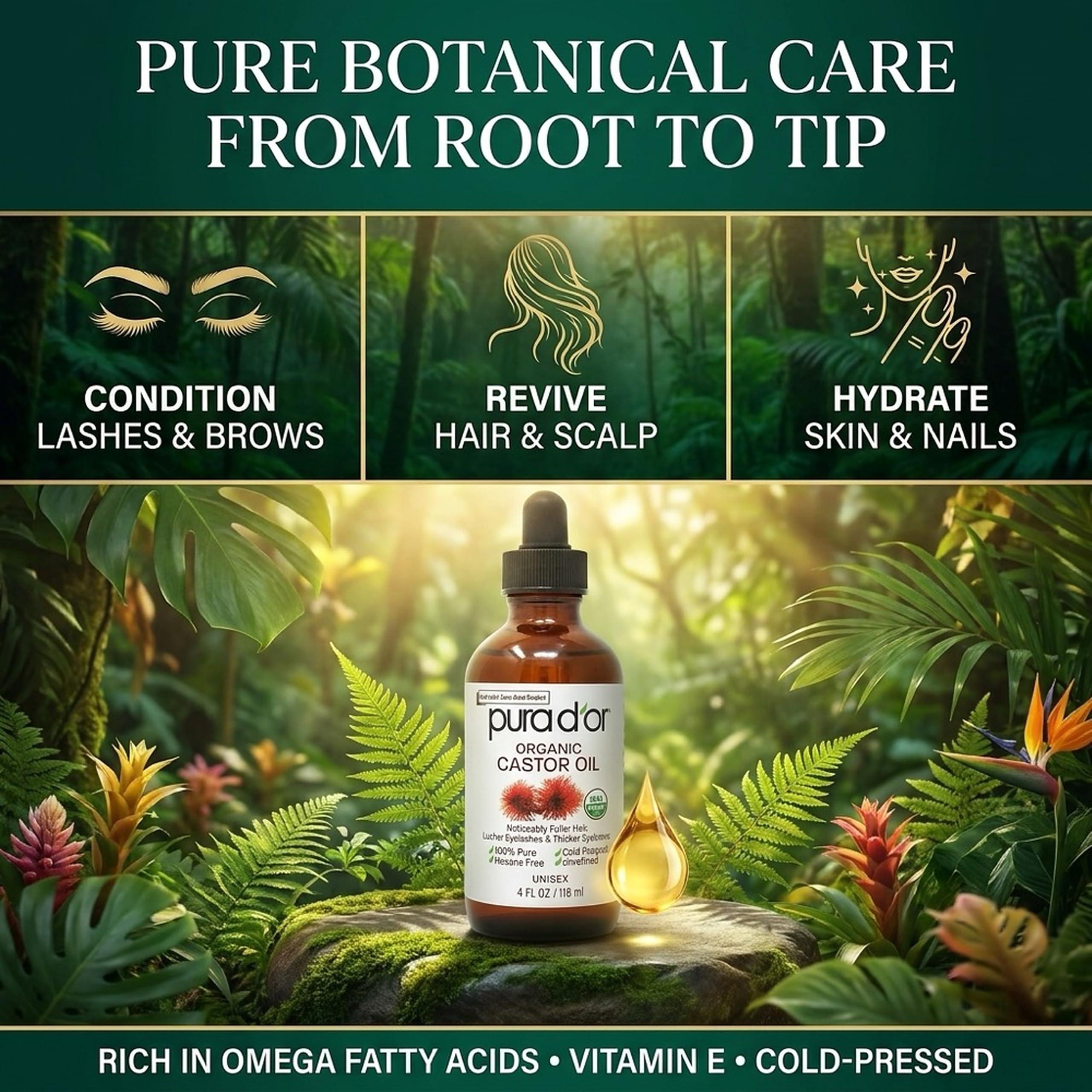 PURA D'OR ORGANIC Castor Oil Pure Cold-Pressed for Hair & Skin, 4oz