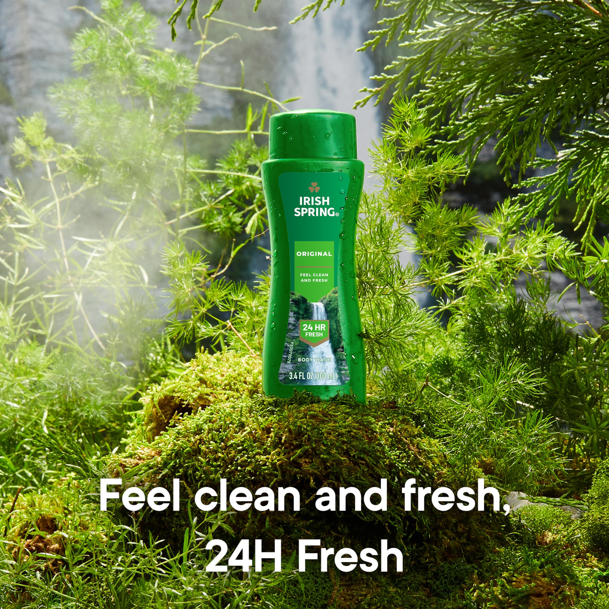 Irish Spring Original Body Wash for Men with cool fresh scent, 3.4 fl oz, skin cleaning agent in a clear bottle.