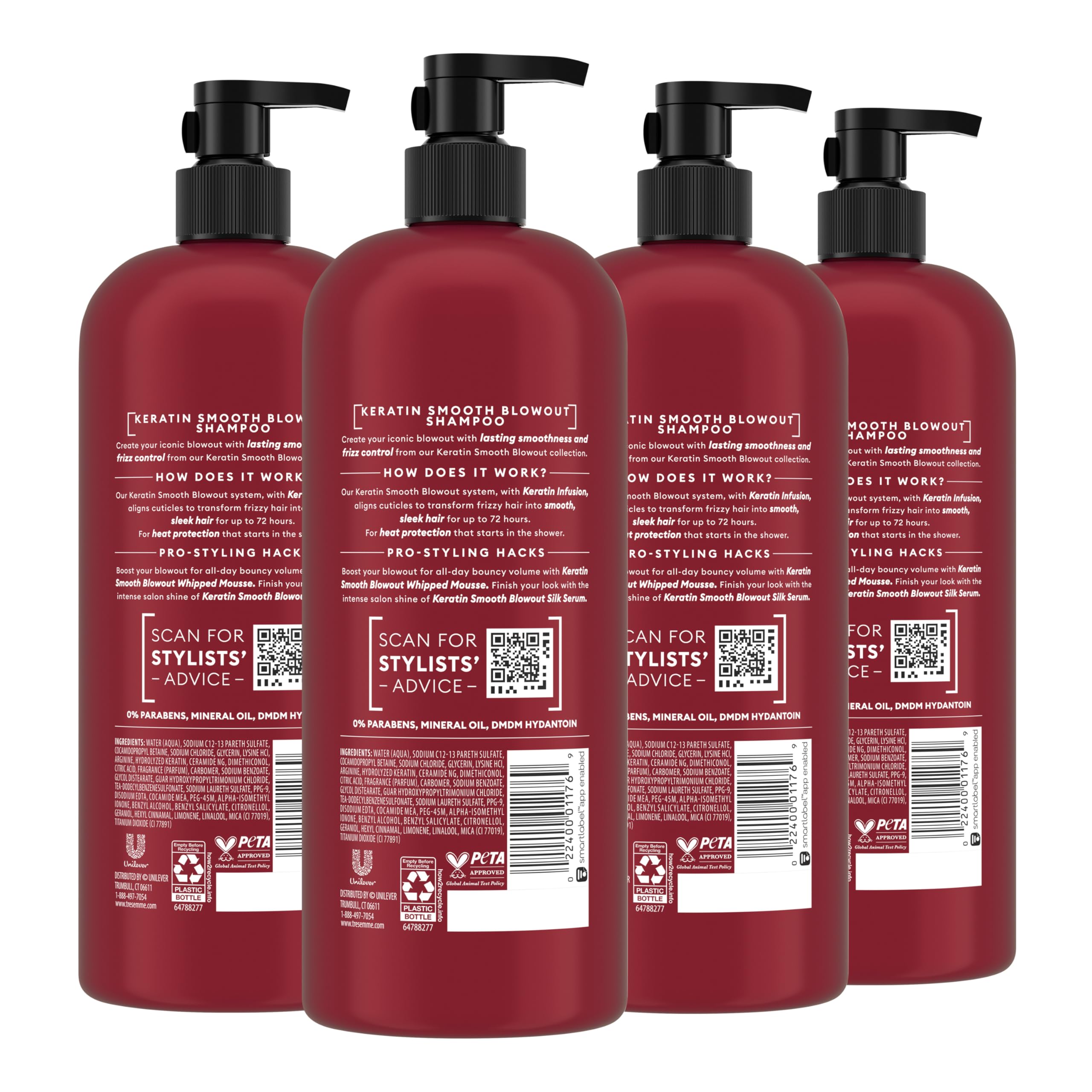 TRESemmé Keratin Smooth Hydrating Shampoo for dry hair, 28 oz bottle, part of a four-pack, shown in a bathroom setting.