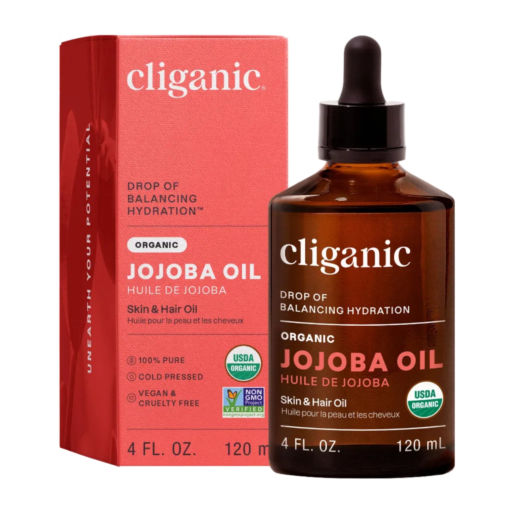 Cliganic Organic Jojoba Oil 100% pure 4oz bottle, natural skin moisturizer for face, with dropper cap, on white background.