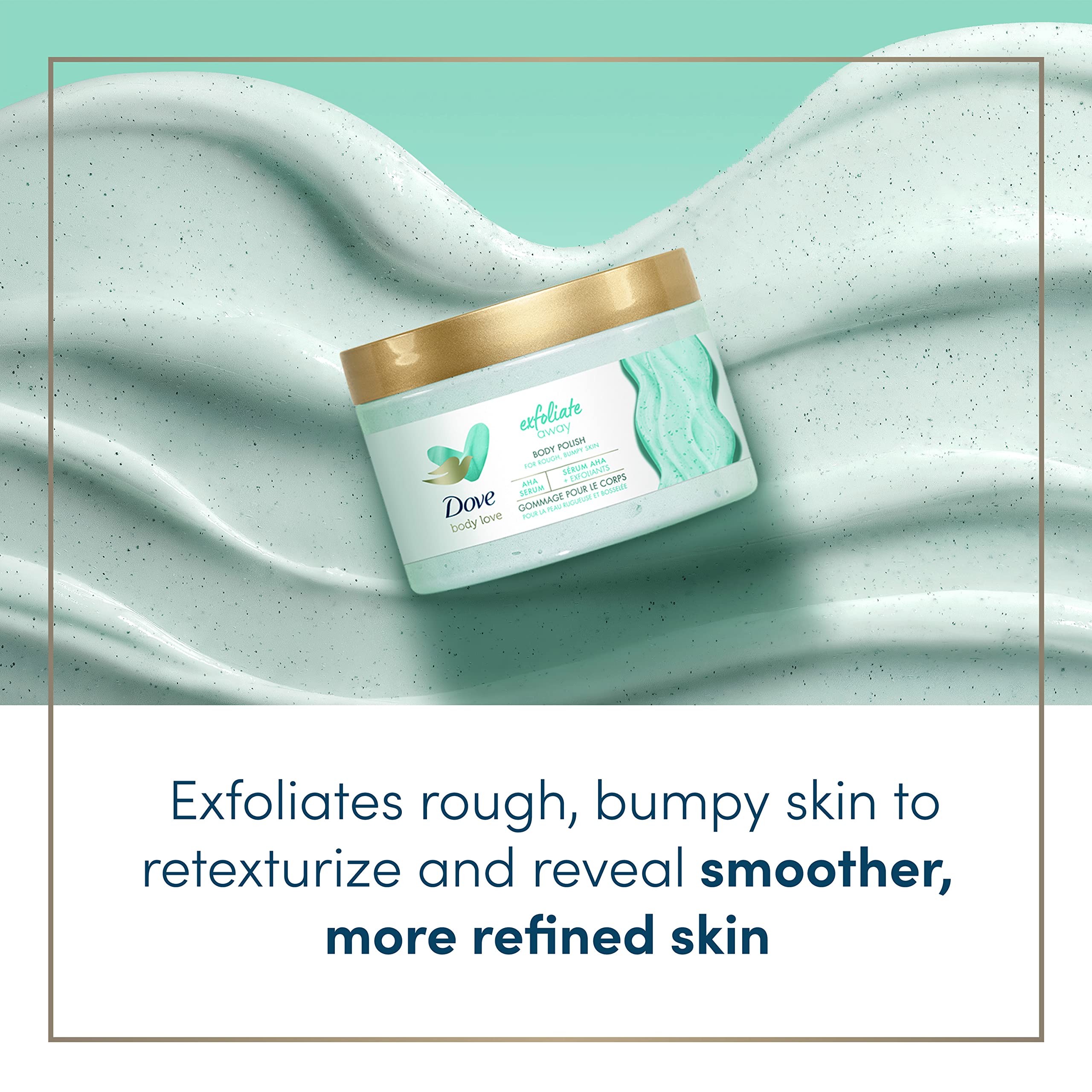 Dove Exfoliate Away Body Polish 3-pack with 12oz AHA scrub bottles, showcasing the creamy exfoliating texture and product labels.