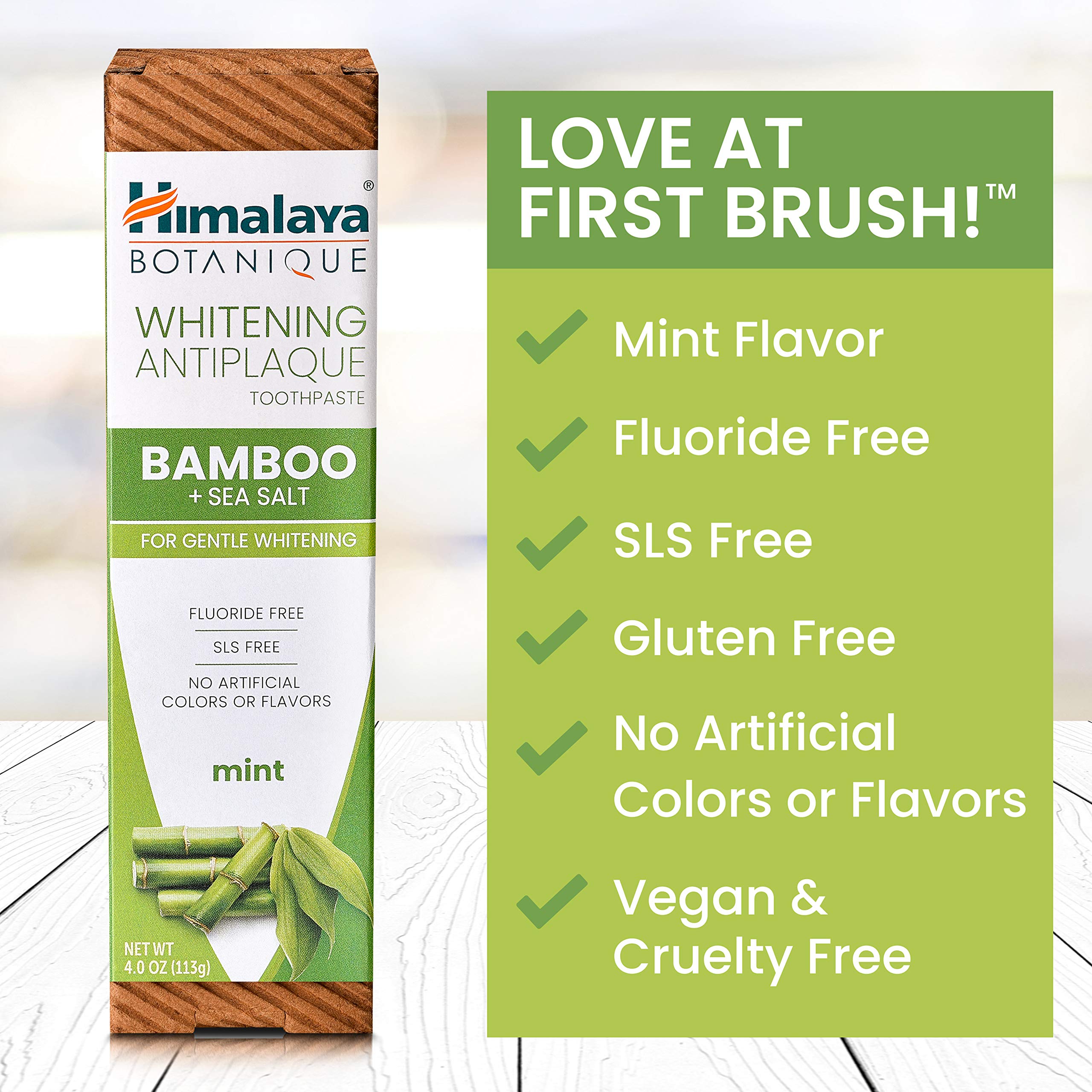 Himalaya Botanique Whitening Antiplaque Toothpaste with Bamboo + Sea Salt, Fluoride Free, for Gentle Whitening, 4 oz