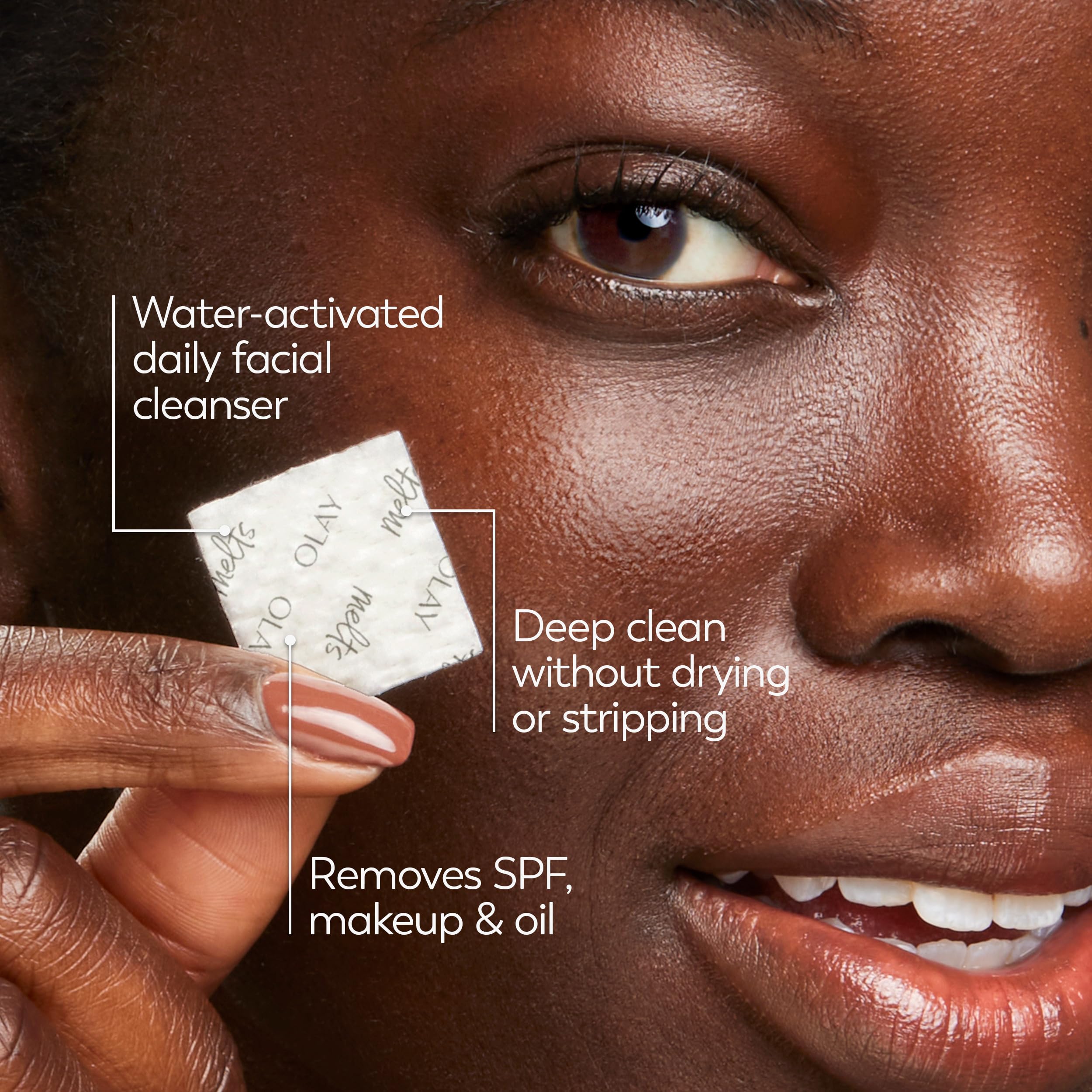 Olay Hyaluronic Acid Cleansing Melts in a 64-count value pack, softening and removing makeup from the face.