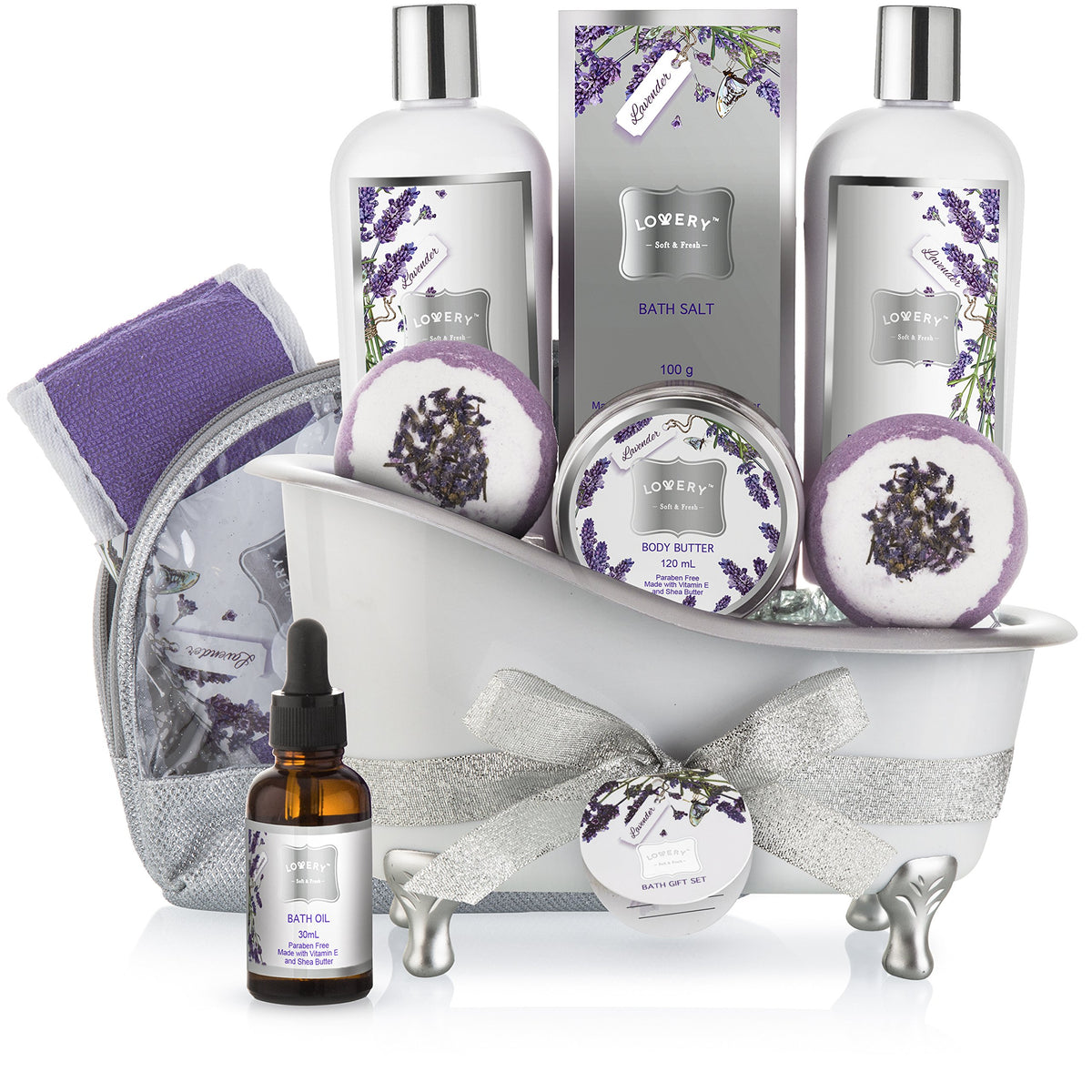 LOVERY Bath Gift Basket Set for Women: Relaxing at Home Spa Kit Scented - Lavender and Jasmine with Large Bath Bombs, Sa