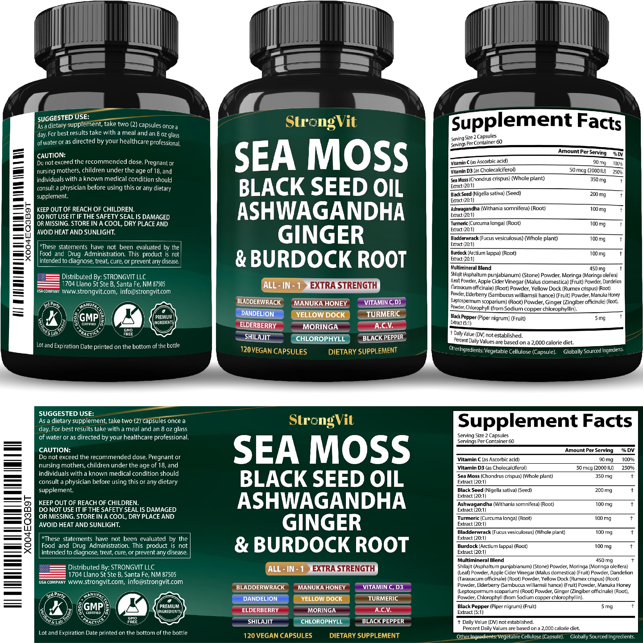 Sea Moss Black Seed Oil Ashwagandha Ginger, Organic Seamoss - 120 Capsules