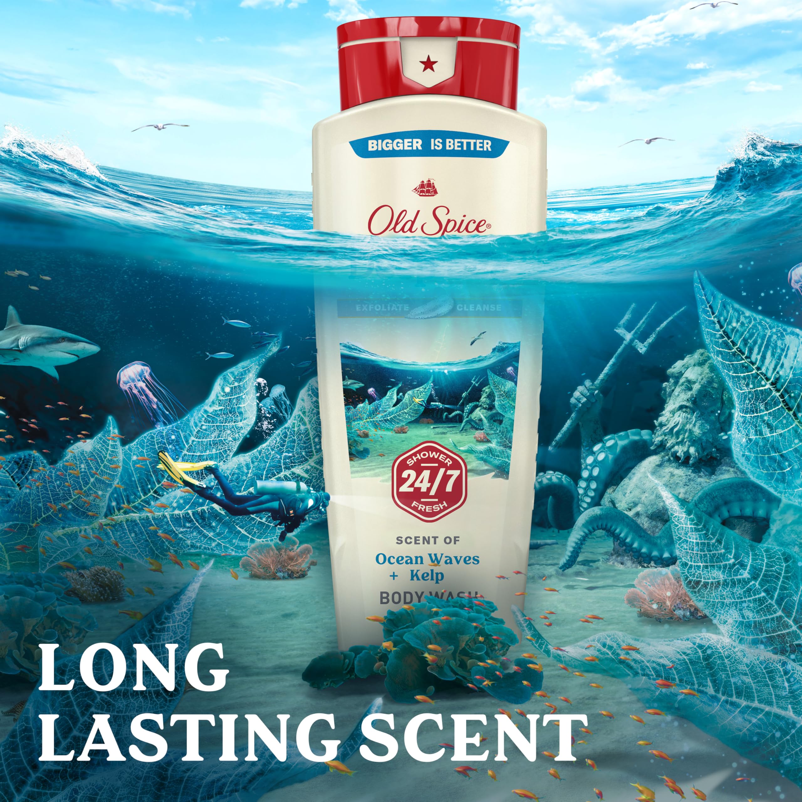 Old Spice 24/7 Shower Fresh body wash for men with ocean waves and kelp scent, exfoliates and cleanses skin, 18 oz pack of 4