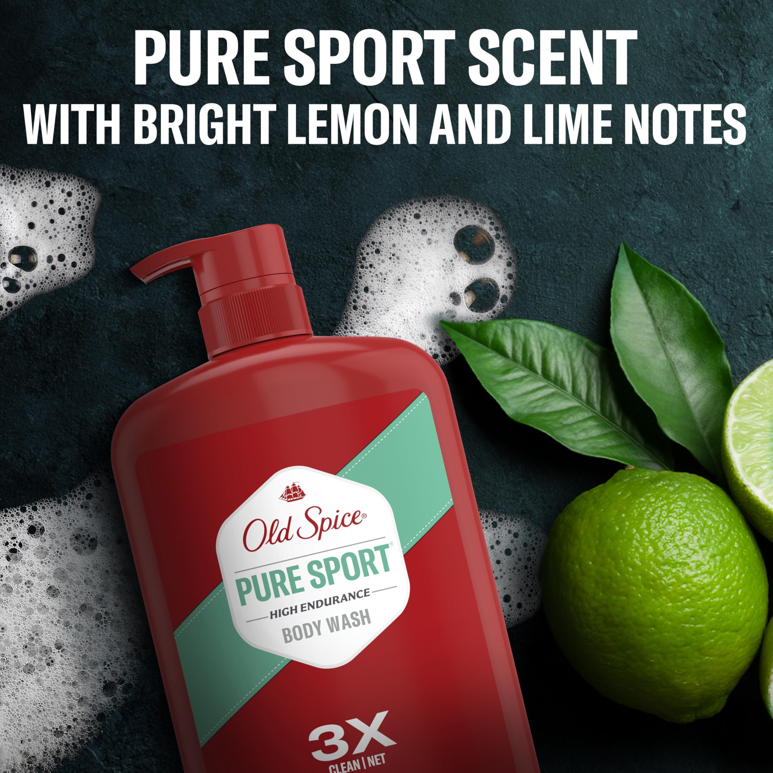 Old Spice High Endurance Body Wash Pure Sport in a 33.4oz bottle, shown in a pack of four, with fresh, sporty packaging and branding.