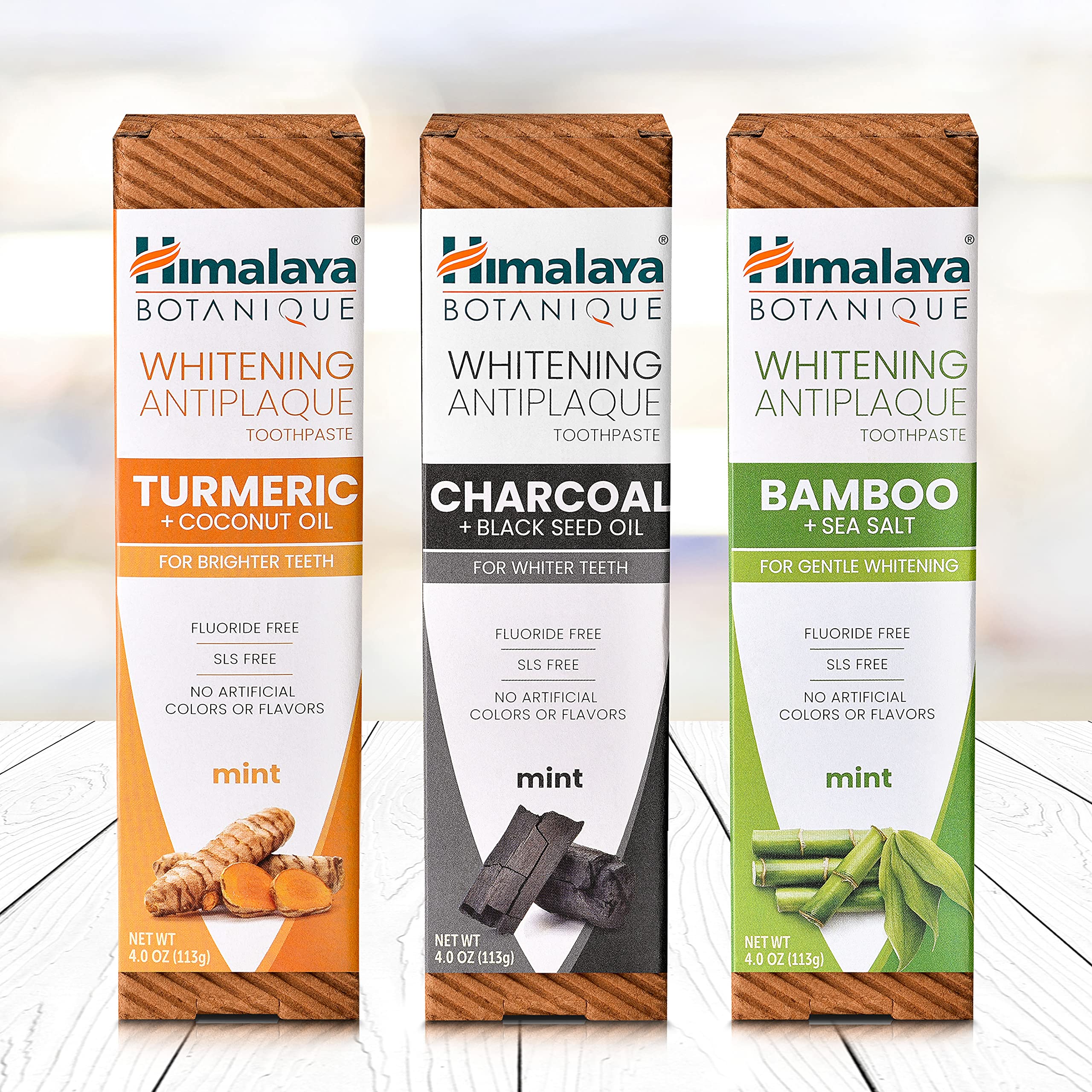Himalaya Botanique Whitening Antiplaque Toothpaste with Bamboo + Sea Salt, Fluoride Free, for Gentle Whitening, 4 oz